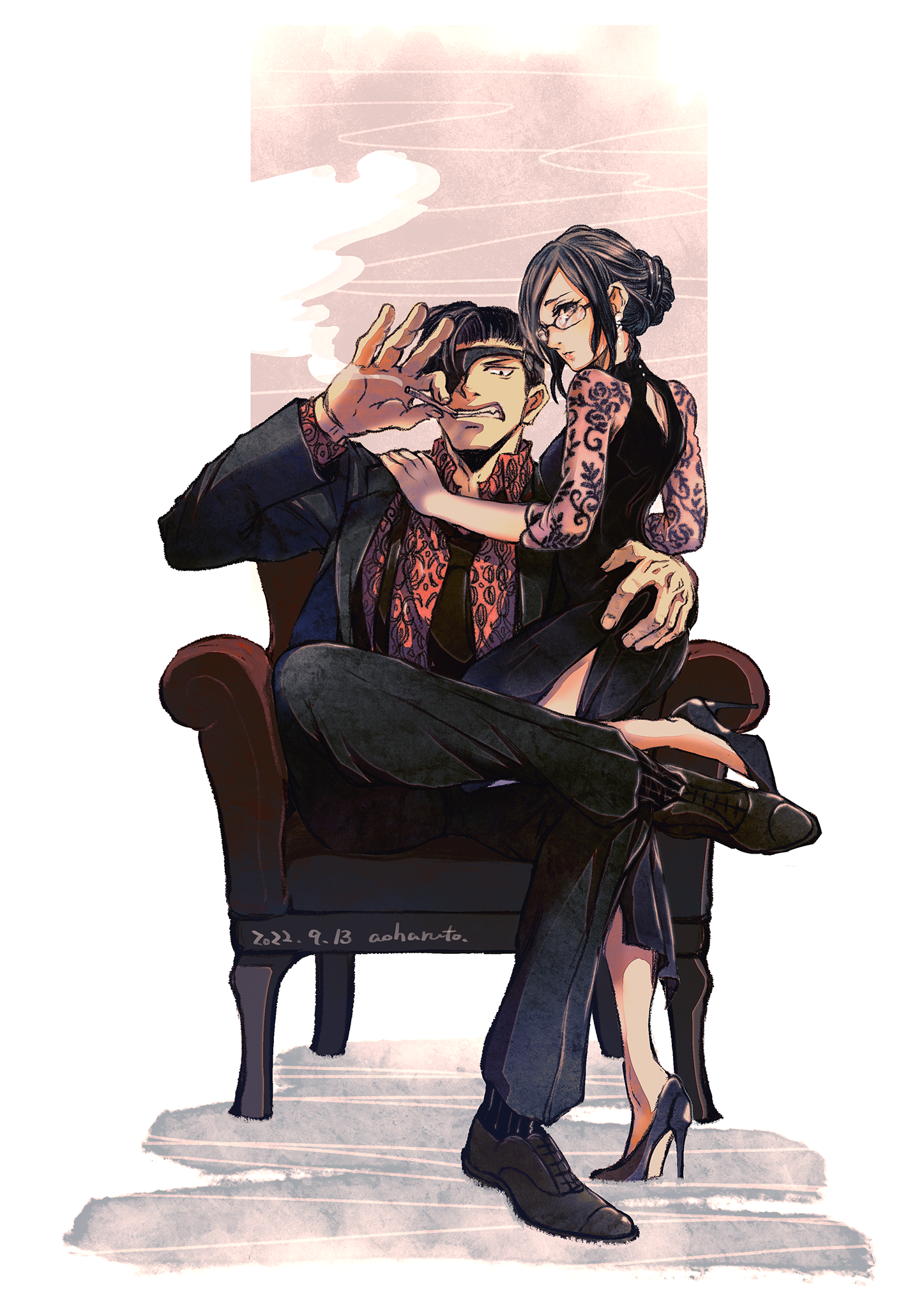 aoharuto, highres, 1boy, 1girl, artist name, azusa (harahara sensei), black dress, black pants, black shoes, black suit, brown eyes, chair, clenched teeth, dated, dress, eyepatch, formal clothes, hand on own ass, harahara sensei, hetero, high heels, looking at viewer, necktie, pants, sanpaku, shoes, sitting, smoke, smoking, suit, teeth, white background