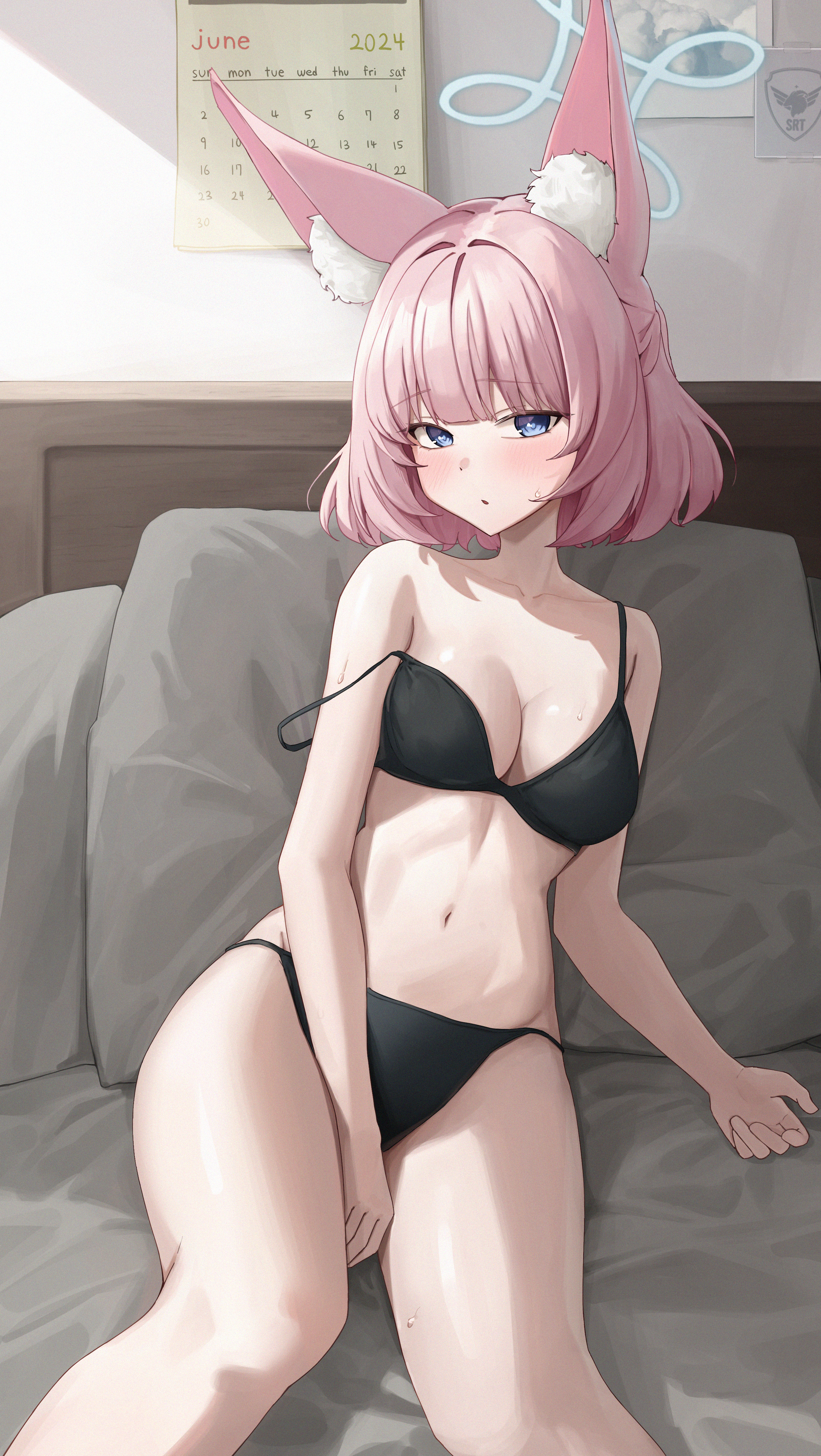springrain 06, niko (blue archive), blue archive, absurdres, commentary request, highres, korean commentary, 1girl, animal ear fluff, animal ears, bare arms, bare shoulders, bed sheet, black bra, black panties, blue halo, blush, bra, breasts, calendar (object), cleavage, fox ears, fox girl, halo, indoors, looking at viewer, medium breasts, navel, on bed, open mouth, panties, photo (object), pillow, pink hair, short hair, sitting, solo, strap slip, underwear, underwear only