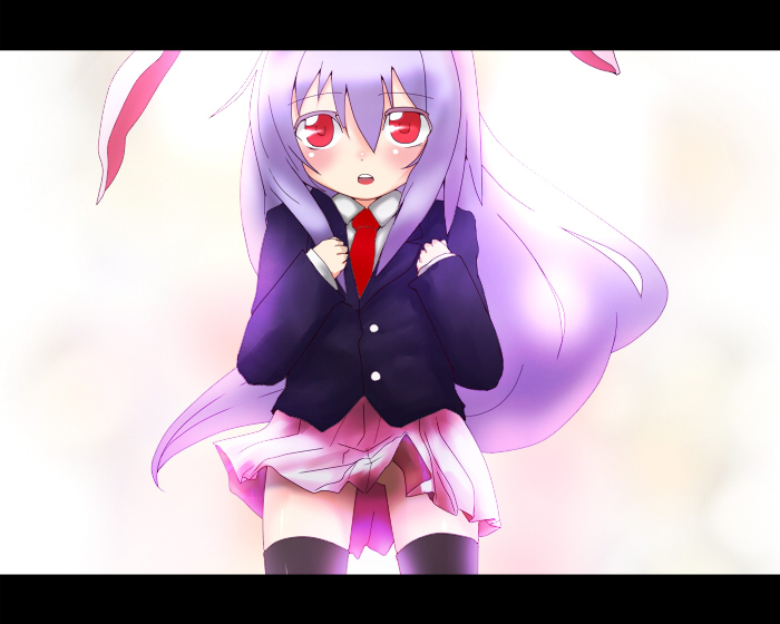 soubi, reisen udongein inaba, touhou, bad id, bad pixiv id, 1girl, aged down, animal ears, blazer, female focus, jacket, letterboxed, long hair, necktie, purple hair, rabbit ears, red eyes, red necktie, solo, thighhighs