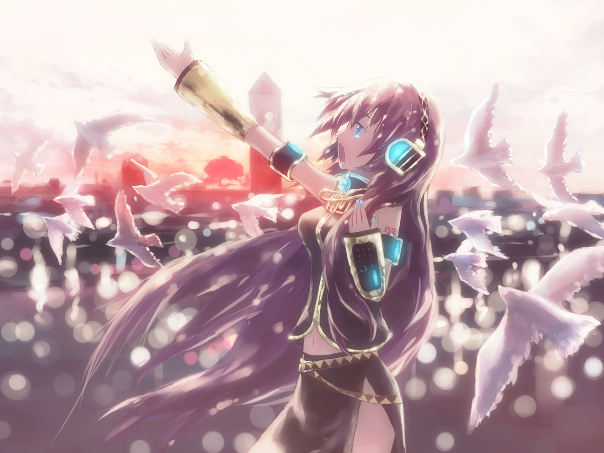 isou nagi, megurine luka, vocaloid, 1girl, bird, blue eyes, breasts, female focus, headphones, long hair, open mouth, outstretched arm, pink hair, solo, very long hair