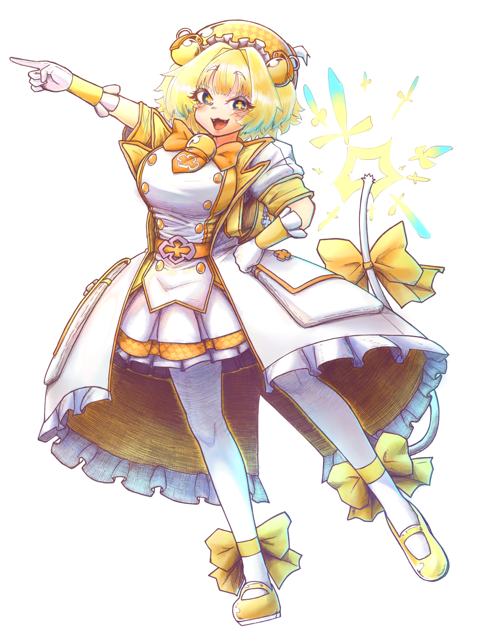 pine (bombergirl), bombergirl, highres, + +, 1girl, belt, blonde hair, blue eyes, blue hair, bomb hair ornament, clover-shaped pupils, colored tips, dress, explosive, full body, fuse, fuse tail, gloves, grenade, grenade hair ornament, hat, lit fuse, mateba6unika, multicolored hair, necktie, orange hat, orange necktie, pantyhose, ribbon, shoes, short hair, shortstack, symbol-shaped pupils, tail, tail ornament, tail ribbon, two-tone hair, white dress, white pantyhose, yellow pupils, yellow ribbon