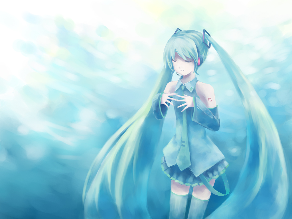 isou nagi, hatsune miku, vocaloid, 1girl, aqua hair, closed eyes, detached sleeves, female focus, long hair, necktie, smile, solo, thighhighs, twintails, very long hair