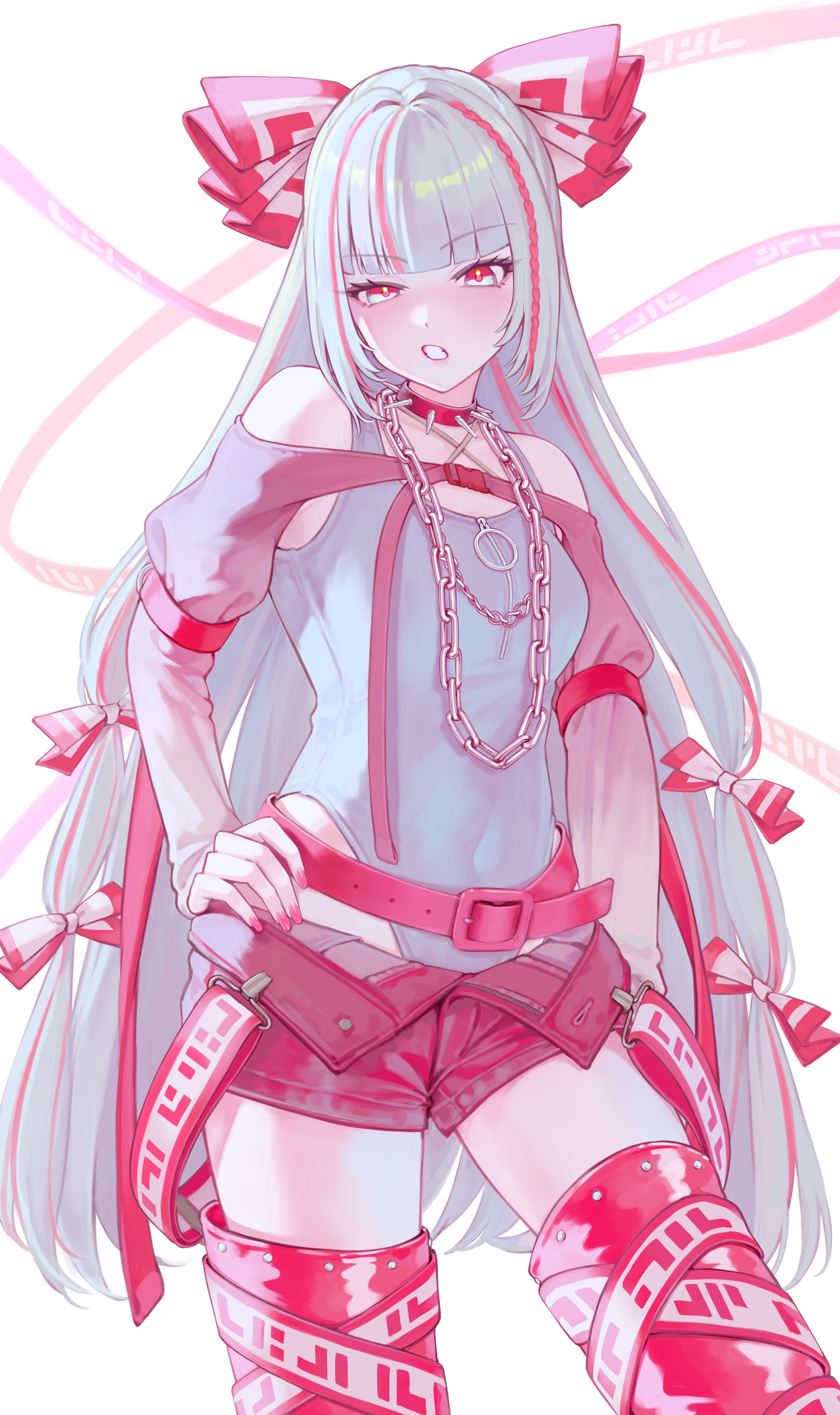 torinari (dtvisu), fujiwara no mokou, touhou, absurdres, clothing request, commentary, highres, 1girl, alternate costume, alternate hair color, belt, bow, breasts, chain, chain necklace, clenched teeth, collar, hair bow, hand on own hip, jewelry, long hair, looking at viewer, multicolored hair, multiple hair bows, necklace, pink belt, pink nails, red collar, red eyes, red hair, red shorts, red thighhighs, shorts, simple background, small breasts, solo, spiked collar, spikes, streaked hair, teeth, thighhighs, two-tone hair, very long hair, white background