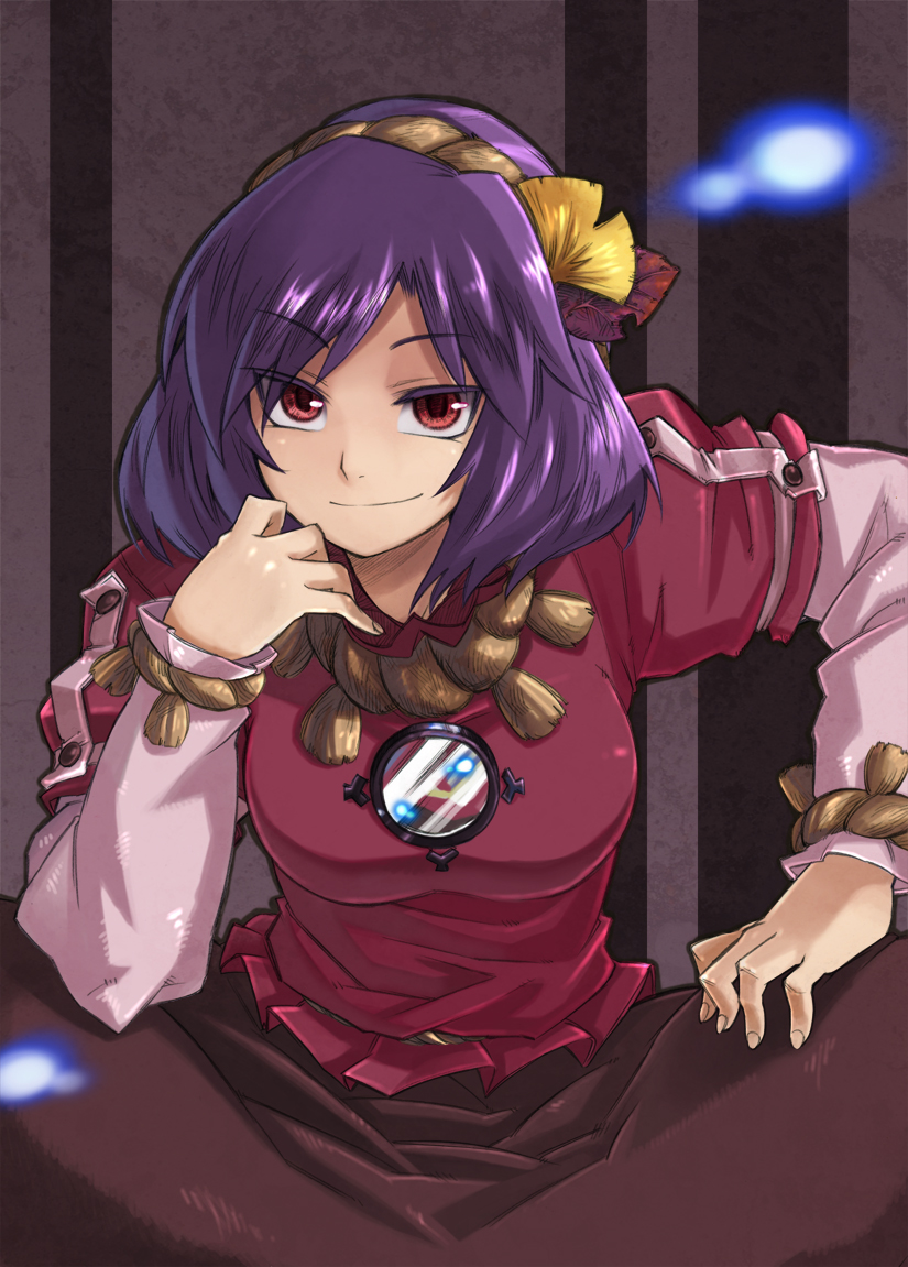 nada haruka, yasaka kanako, touhou, 1girl, breasts, close-up, colored eyelashes, eyelashes, female focus, mirror, purple hair, red eyes, short hair, sitting, smile, solo