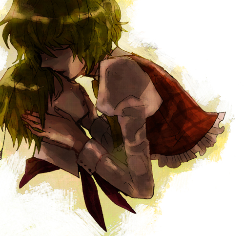 glm, kazami yuuka, wriggle nightbug, touhou, bad id, bad pixiv id, lowres, 2girls, androgynous, antennae, closed eyes, female focus, green hair, kiss, multiple girls, plaid clothes, plaid vest, puffy sleeves, reverse trap, upper body, vest, yuri