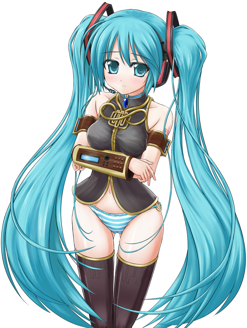 mugityax, hatsune miku, megurine luka, vocaloid, breast hold, aqua eyes, aqua hair, breasts, cosplay, long hair, megurine luka (cosplay), midriff, panties, solo, striped clothes, striped panties, thighhighs, twintails, underwear, very long hair