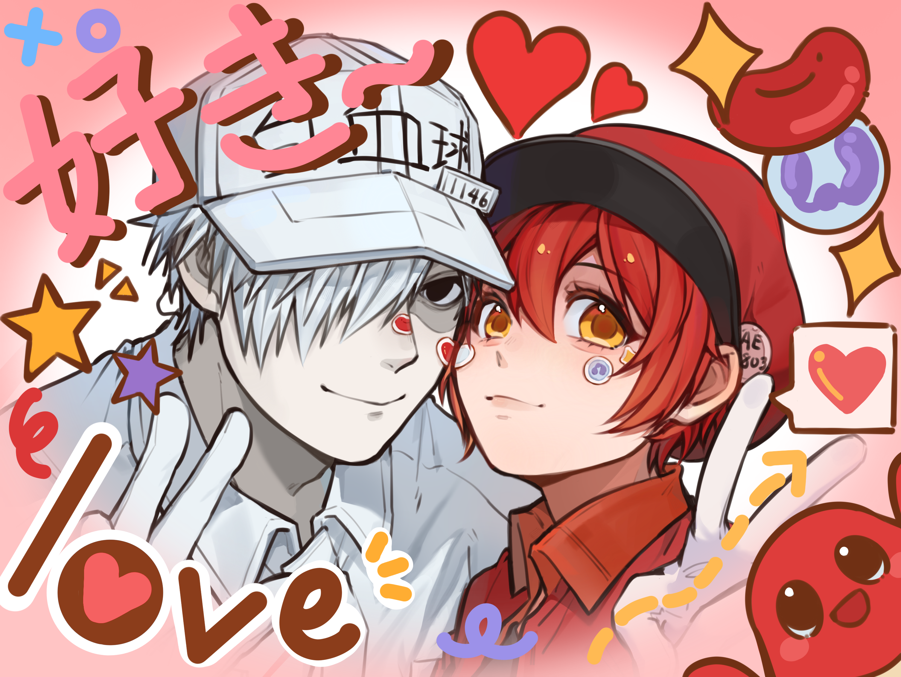 ae-3803, red blood cell (hataraku saibou), u-1146, white blood cell (hataraku saibou), hataraku saibou, commentary, highres, translated, 1boy, 1girl, aegyo sal, arrow (symbol), badge, baseball cap, black eyes, black shirt, button badge, character name, chibi, chibi inset, close-up, closed mouth, clothes writing, collared shirt, couple, dress shirt, empty eyes, english text, eyelashes, gloves, gradient background, hair between eyes, hair over one eye, hat, hat ornament, heads together, heart, jacket, lactobacillus (hataraku saibou), light smile, looking at viewer, mixed-language text, newsboy cap, notice lines, open clothes, open jacket, pale skin, pink background, portrait, purikura, red hair, red hat, red jacket, rougui (he fengyu), shaded face, shirt, short hair, side-by-side, smile, sparkle, speech bubble, spoken heart, star (symbol), sticker, sticker on face, t-shirt, v, very short hair, vignetting, white background, white gloves, white hair, white hat, white shirt, yellow eyes