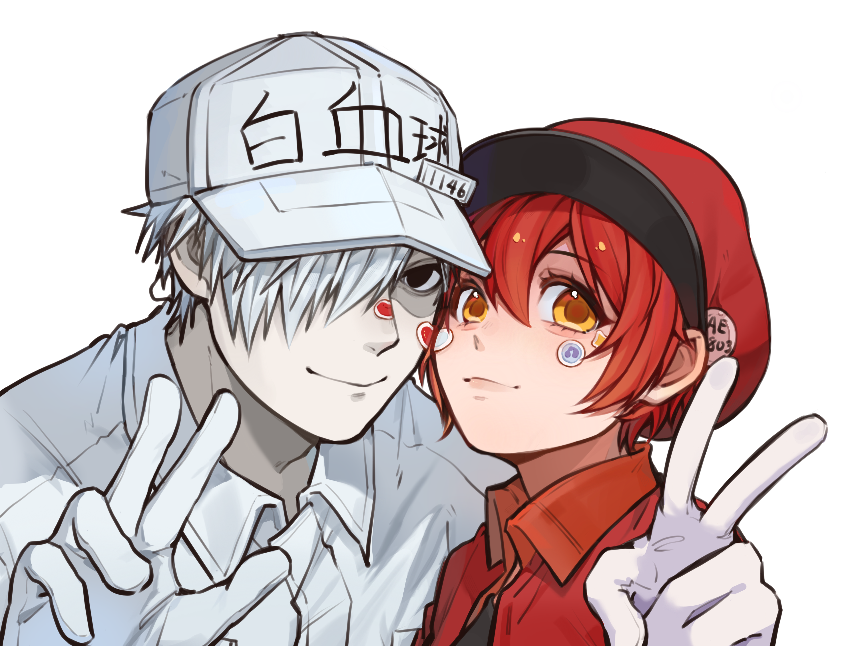 ae-3803, red blood cell (hataraku saibou), u-1146, white blood cell (hataraku saibou), hataraku saibou, commentary, highres, translated, 1boy, 1girl, aegyo sal, badge, baseball cap, black eyes, black shirt, button badge, character name, close-up, closed mouth, clothes writing, collared shirt, couple, dress shirt, empty eyes, eyelashes, gloves, hair between eyes, hair over one eye, hat, hat ornament, heads together, heart, jacket, light smile, looking at viewer, newsboy cap, open clothes, open jacket, pale skin, portrait, red hair, red hat, red jacket, rougui (he fengyu), shaded face, shirt, short hair, side-by-side, simple background, smile, star (symbol), sticker, sticker on face, t-shirt, v, very short hair, white background, white gloves, white hair, white hat, white shirt, yellow eyes