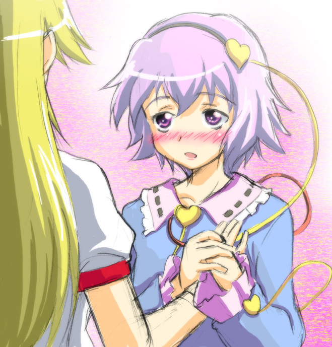 mukai, hoshiguma yuugi, komeiji satori, touhou, 2girls, blonde hair, blush, female focus, multiple girls, purple eyes, purple hair, yuri