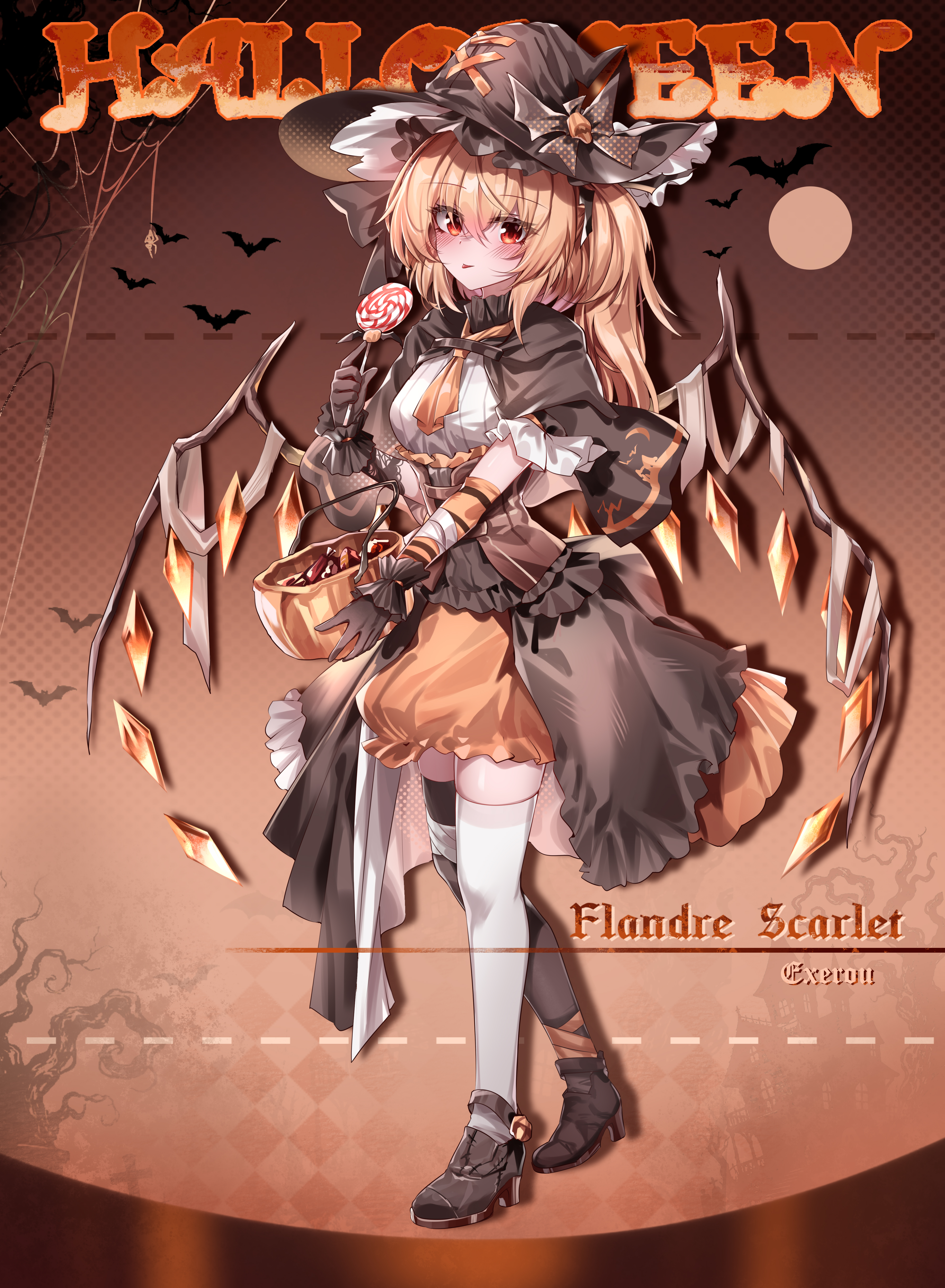 top-exerou, flandre scarlet, touhou, absurdres, chinese commentary, commentary request, highres, 1girl, alternate costume, alternate headwear, artist name, ascot, asymmetrical legwear, bandaged arm, bandaged leg, bandages, bat (animal), black bow, black cape, black gloves, black hat, black shoes, black thighhighs, blonde hair, blush, bow, breasts, bug, candy, cape, character name, crystal, crystal wings, english text, food, full moon, gloves, halloween, halloween costume, hat, hat bow, high heels, holding, holding candy, holding food, holding lollipop, lollipop, looking at viewer, mismatched legwear, moon, orange ascot, red eyes, shadow, shirt, shoes, silk, solo, spider, spider web, swirl lollipop, thighhighs, tongue, tongue out, white shirt, white thighhighs, wings, witch hat