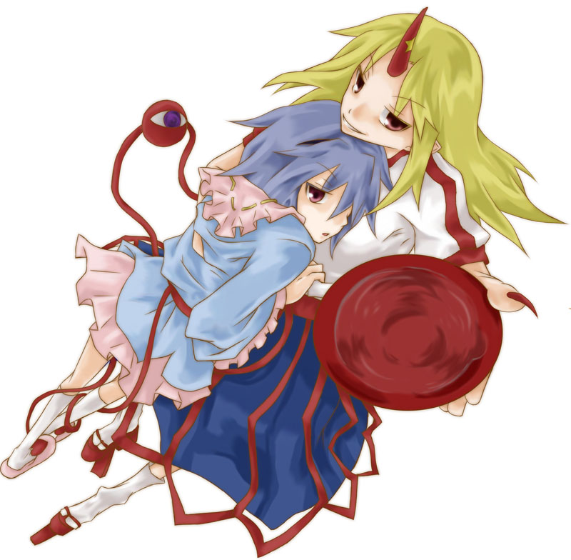haitaka (bluemugcup), haitaka (pixiv97854), hoshiguma yuugi, komeiji satori, touhou, bad id, bad pixiv id, 2girls, cup, female focus, horns, hug, multiple girls, sakazuki, single horn, smile