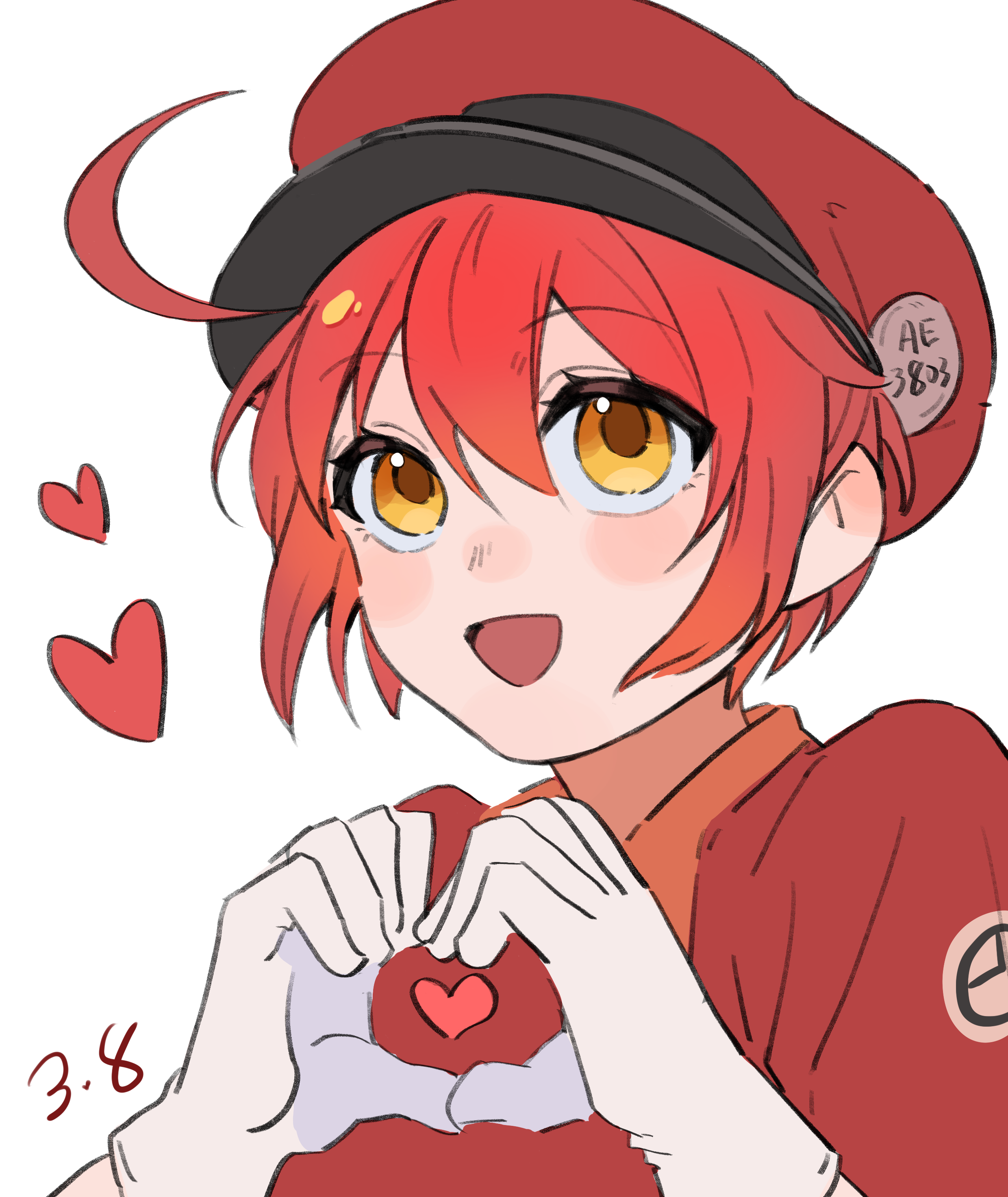 ae-3803, red blood cell (hataraku saibou), hataraku saibou, absurdres, commentary, highres, 1girl, :d, ahoge, badge, blush, brown eyes, button badge, close-up, dated, eyelashes, gloves, hair between eyes, hat, hat ornament, heart, heart hands, jacket, light blush, looking afar, newsboy cap, open mouth, own hands together, portrait, red hair, red hat, red jacket, rougui (he fengyu), short hair, simple background, smile, solo, upturned eyes, very short hair, white background, white gloves