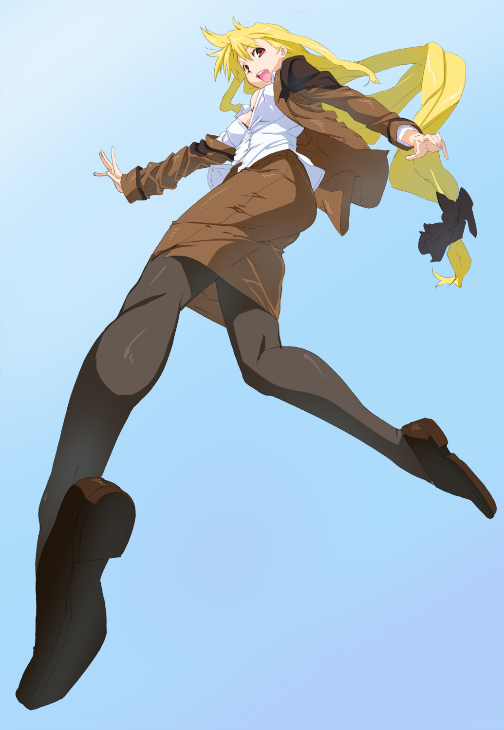 thesale, fate testarossa, lyrical nanoha, mahou shoujo lyrical nanoha, mahou shoujo lyrical nanoha strikers, bad id, bad pixiv id, highres, 00s, 1girl, blonde hair, bra, breasts, female focus, from below, lingerie, long hair, low-tied long hair, medium breasts, military, military uniform, open clothes, open shirt, pantyhose, red eyes, ribbon, shirt, solo, underwear, very long hair