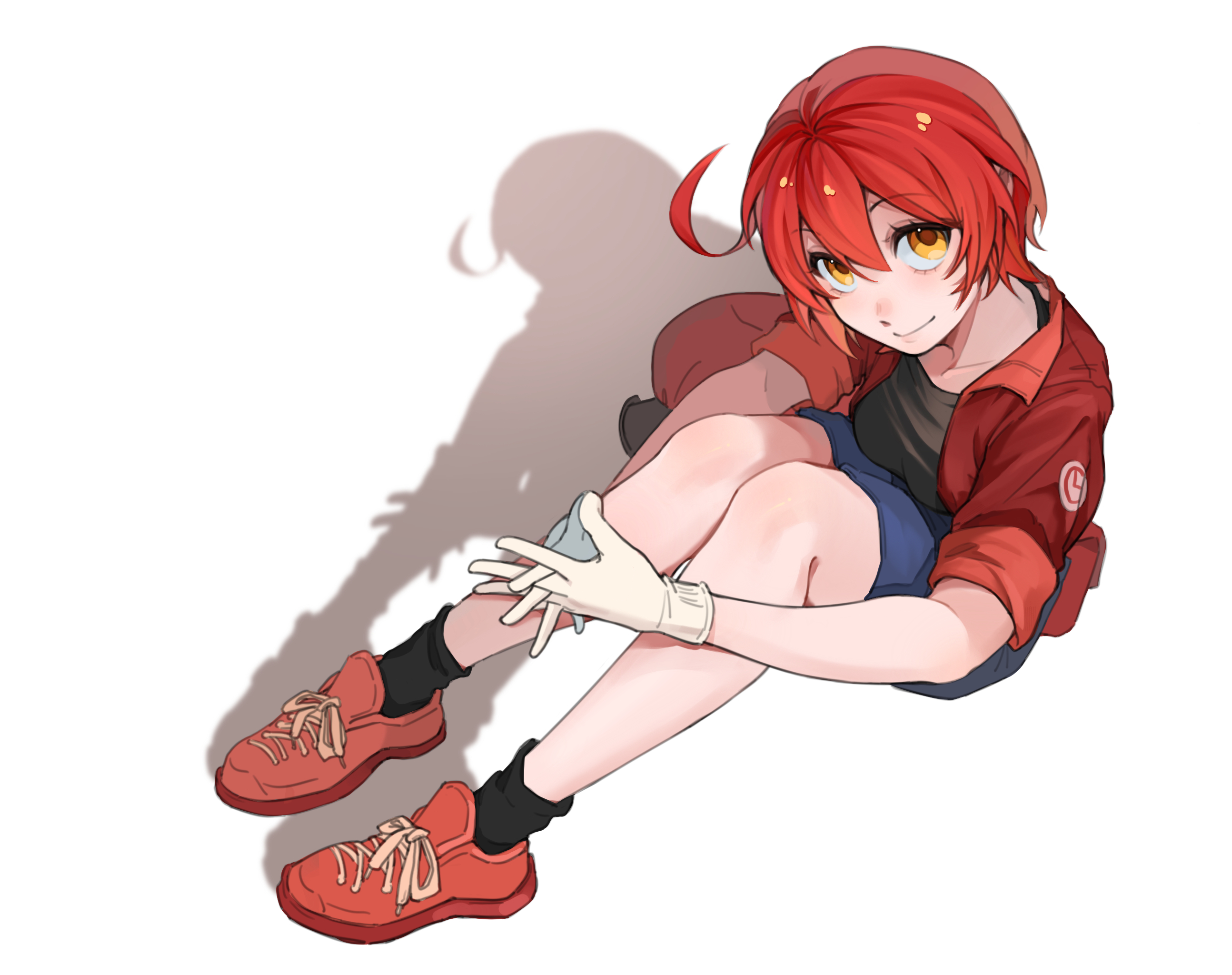 ae-3803, red blood cell (hataraku saibou), hataraku saibou, chinese commentary, commentary, highres, 1girl, ahoge, belt pouch, black shirt, black socks, blue shorts, breasts, brown eyes, closed mouth, collarbone, denim, denim shorts, eyelashes, fanny pack, from above, full body, gloves, hair between eyes, hat, interlocked fingers, jacket, knees up, looking at viewer, looking up, medium breasts, newsboy cap, on ground, open clothes, open jacket, pouch, raised eyebrows, red hair, red hat, red jacket, red shoes, rougui (he fengyu), shadow, shirt, shoes, short-sleeved jacket, short hair, short sleeves, shorts, simple background, sitting, smile, sneakers, socks, solo, steepled fingers, t-shirt, unworn hat, unworn headwear, upturned eyes, very short hair, white background, white gloves