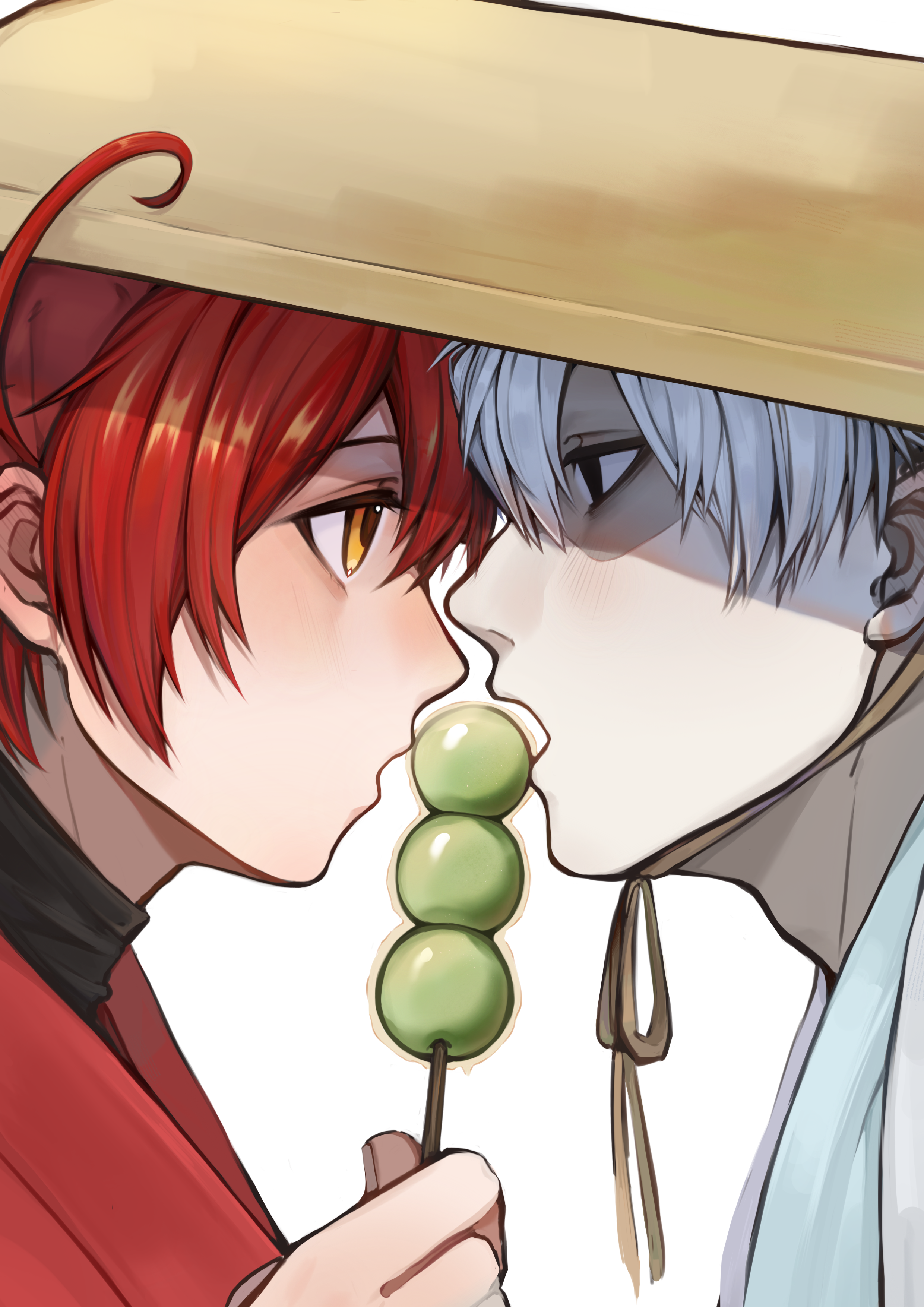 ae-3803, red blood cell (hataraku saibou), u-1146, white blood cell (hataraku saibou), hataraku saibou, absurdres, chinese commentary, commentary, highres, 1boy, 1girl, ahoge, black eyes, black shirt, blush, brown eyes, brown hat, chin strap, close-up, couple, dango, eating, empty eyes, eye contact, eyelashes, food, from side, hair between eyes, hand up, hat, heads together, holding, holding food, japanese clothes, kimono, looking at another, pale skin, profile, red hair, red kimono, rougui (he fengyu), sandogasa, shaded face, sharing food, shirt, simple background, straw hat, turtleneck, unworn headwear, wagashi, white background, white hair, white kimono