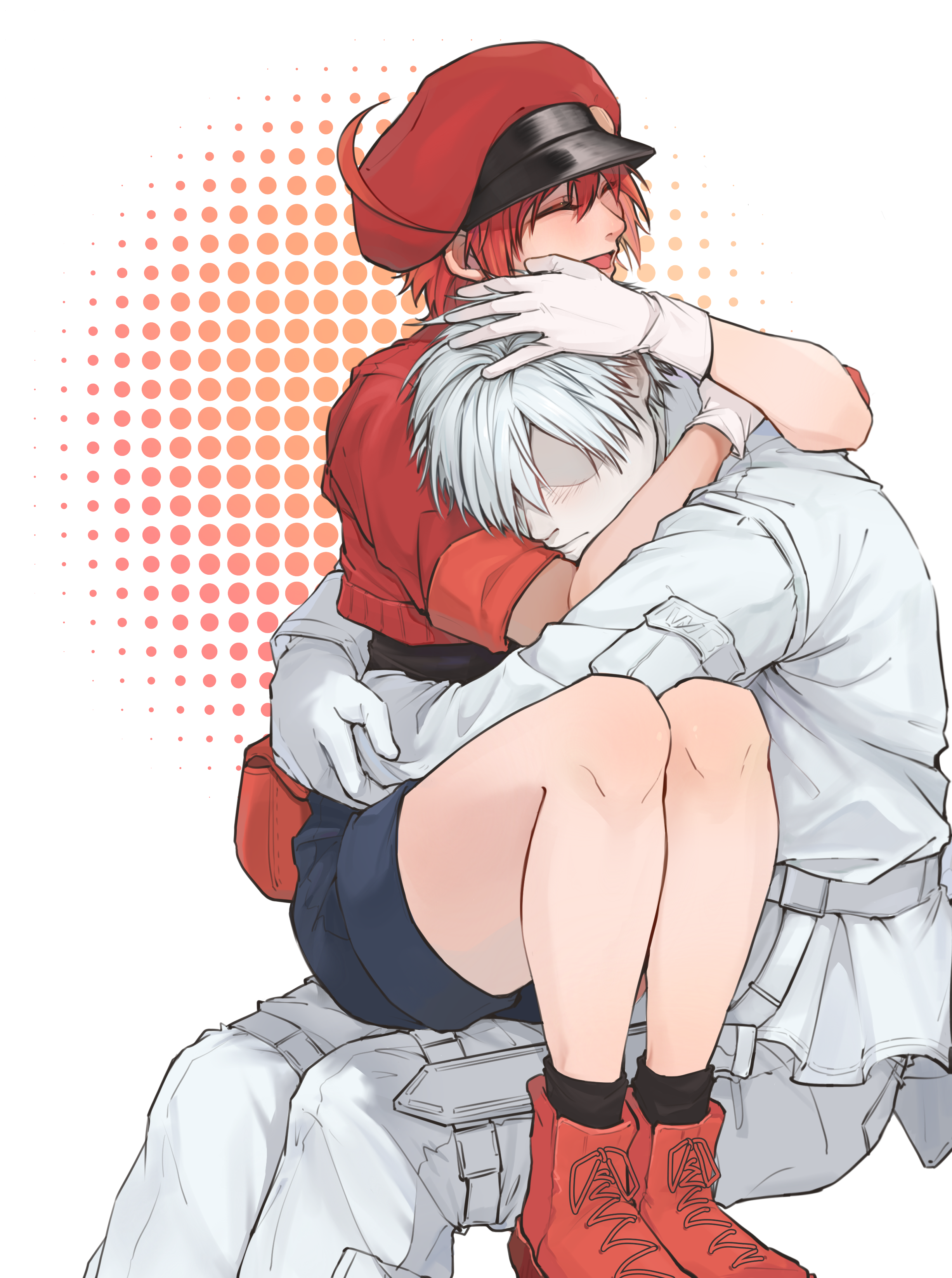 ae-3803, red blood cell (hataraku saibou), u-1146, white blood cell (hataraku saibou), hataraku saibou, absurdres, chinese commentary, commentary, highres, 1boy, 1girl, :d, ahoge, ankle boots, arms around neck, arms around waist, belt, belt pouch, black shirt, black socks, blue shorts, blush, boots, closed eyes, closed mouth, combat knife, couple, cropped jacket, denim, denim shorts, fanny pack, feet out of frame, gloves, hair between eyes, hair over one eye, halftone, halftone background, hands on another's head, hat, hug, jacket, knees up, knife, light blush, long sleeves, newsboy cap, no eyes, on person, open mouth, orange background, pale skin, pants, pouch, red boots, red hair, red hat, red jacket, rougui (he fengyu), shaded face, sheath, shirt, short-sleeved jacket, short hair, short sleeves, shorts, sitting, sitting on lap, sitting on person, smile, socks, t-shirt, thigh sheath, thigh strap, two-tone background, very short hair, weapon, white background, white belt, white gloves, white hair, white pants, white shirt, white straps, work boots