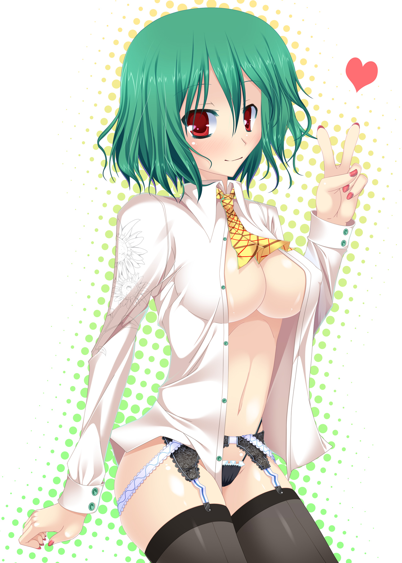 kirise mitsuru, kazami yuuka, touhou, bad id, bad pixiv id, highres, 1girl, ascot, blush, breasts, cleavage, female focus, garter belt, green hair, heart, large breasts, lingerie, nail polish, navel, open clothes, open shirt, red eyes, shirt, short hair, solo, thighhighs, underwear, v