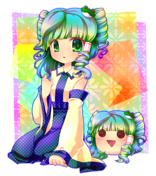 sakurano, kochiya sanae, touhou, 1girl, alternate hairstyle, detached sleeves, drill hair, female focus, frog, green eyes, green hair, hair ornament, kneeling, multiple views, short hair, snake, yukkuri shiteitte ne