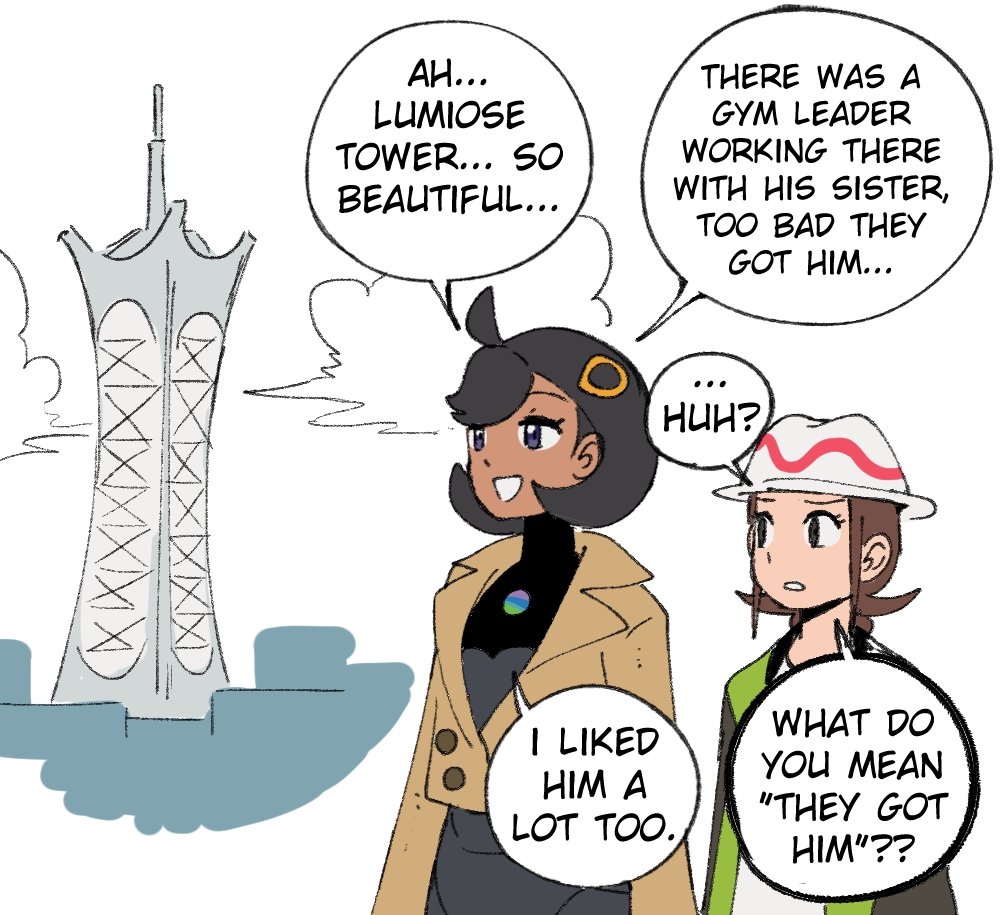 wanderjegson, emma (pokemon), harmony (pokemon), nintendo, pokemon, pokemon legends: z-a, ted (movie), commentary, english commentary, 2girls, black bodysuit, black hair, blue eyes, bodysuit, bodysuit under clothes, breasts, brown eyes, brown hair, brown jacket, cloud, dark-skinned female, dark skin, english text, gloves, green jacket, hair ornament, hat, jacket, long sleeves, lumiose city, mega stone, meme, multiple girls, open clothes, open jacket, open mouth, pants, prism tower, purple eyes, shirt, short hair, simple background, smile, teeth, white background, white hat, white shirt