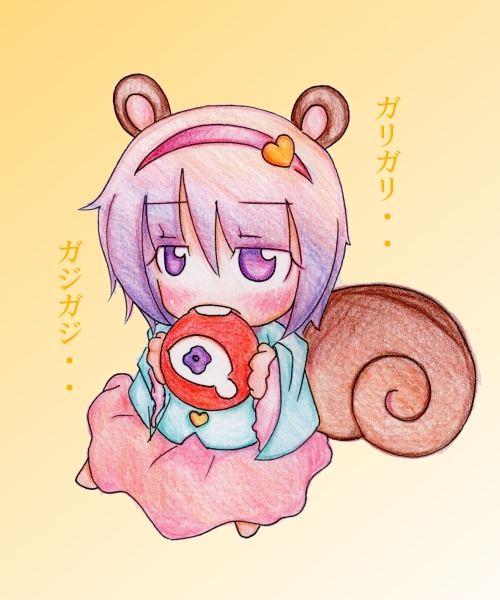 kouen kurosuke, takato kurosuke, komeiji satori, touhou, bad id, bad pixiv id, 1girl, animal ears, chibi, female focus, hairband, heart, kemonomimi mode, purple eyes, purple hair, short hair, solo, squirrel ears, squirrel tail, tail