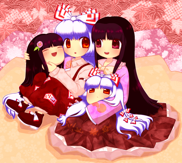 sakurano, fujiwara no mokou, houraisan kaguya, touhou, silver hair, 2girls, black hair, bow, female focus, flower, hair bow, long hair, multiple girls, multiple views, red eyes, ribbon, sitting, yukkuri shiteitte ne