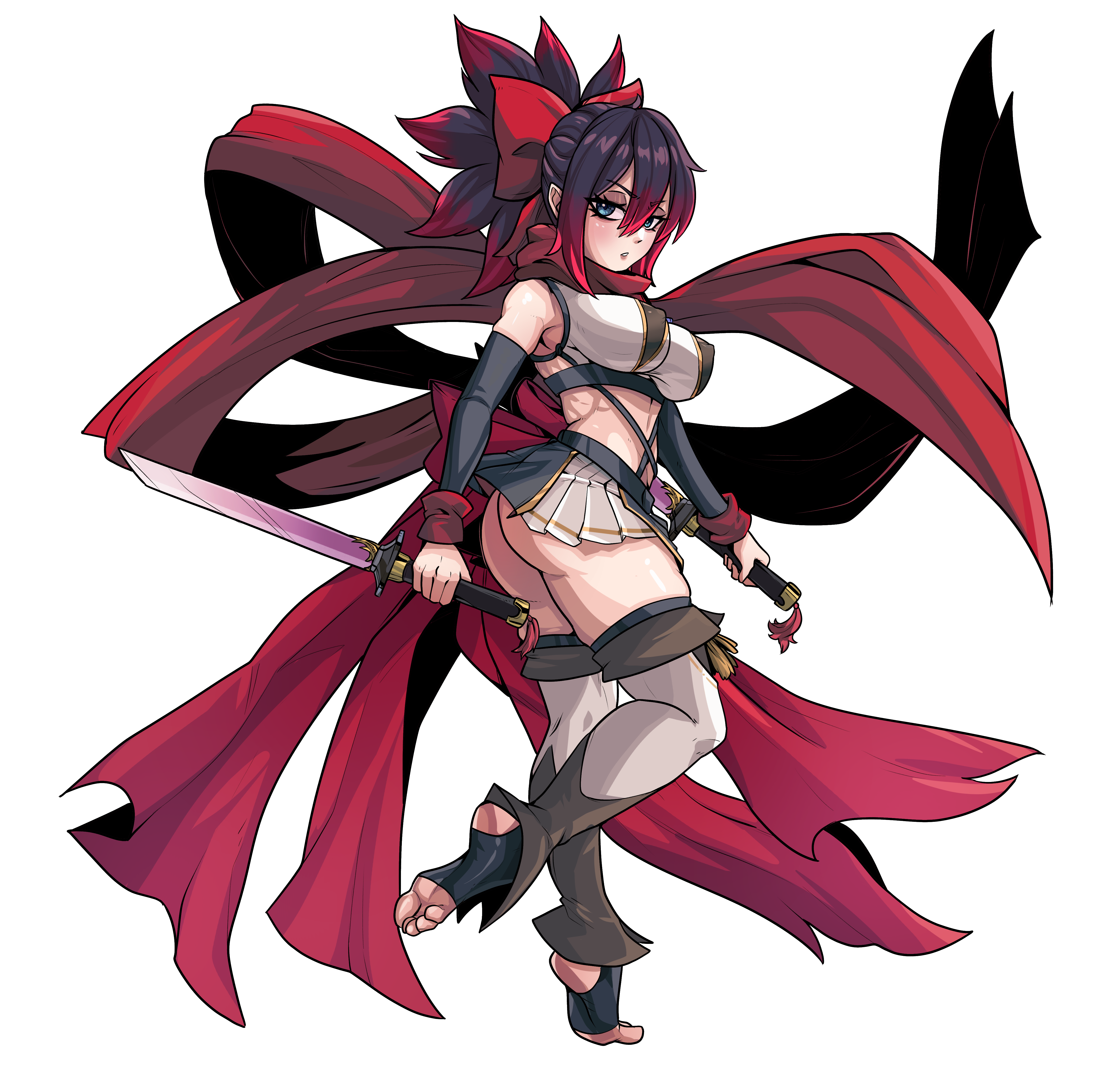 unusualpie, catyla (bird8700), original, absurdres, bad link, highres, 1girl, ass, bare shoulders, black hair, bow, breasts, covered erect nipples, dual wielding, feet, fighting stance, holding, holding sword, holding weapon, large breasts, long bangs, looking at viewer, looking back, midriff, multicolored hair, ninja, parted lips, pleated skirt, red bow, red hair, red scarf, revealing clothes, ribs, scarf, scowl, shiny skin, skirt, soles, solo, stirrup legwear, sword, tassel, thick thighs, thighs, toeless legwear, toes, toned, toned female, transparent background, two-tone hair, weapon