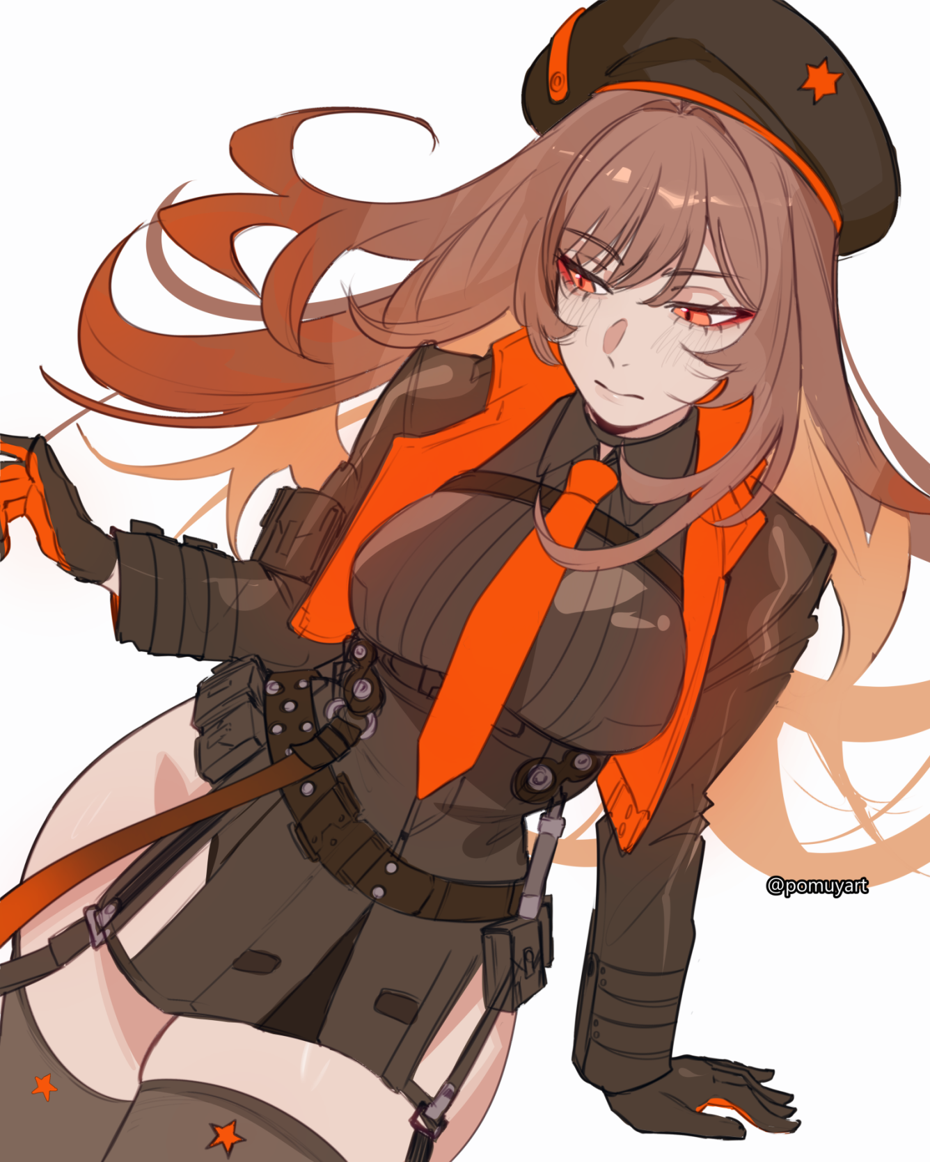 pomuya, rapi (nikke), goddess of victory: nikke, highres, 1girl, beret, black gloves, black hat, black shirt, black thighhighs, brown eyes, closed mouth, gloves, hat, long hair, long sleeves, necktie, pleated skirt, red eyes, red necktie, shirt, short hair, sitting, skirt, solo, thighhighs, white background