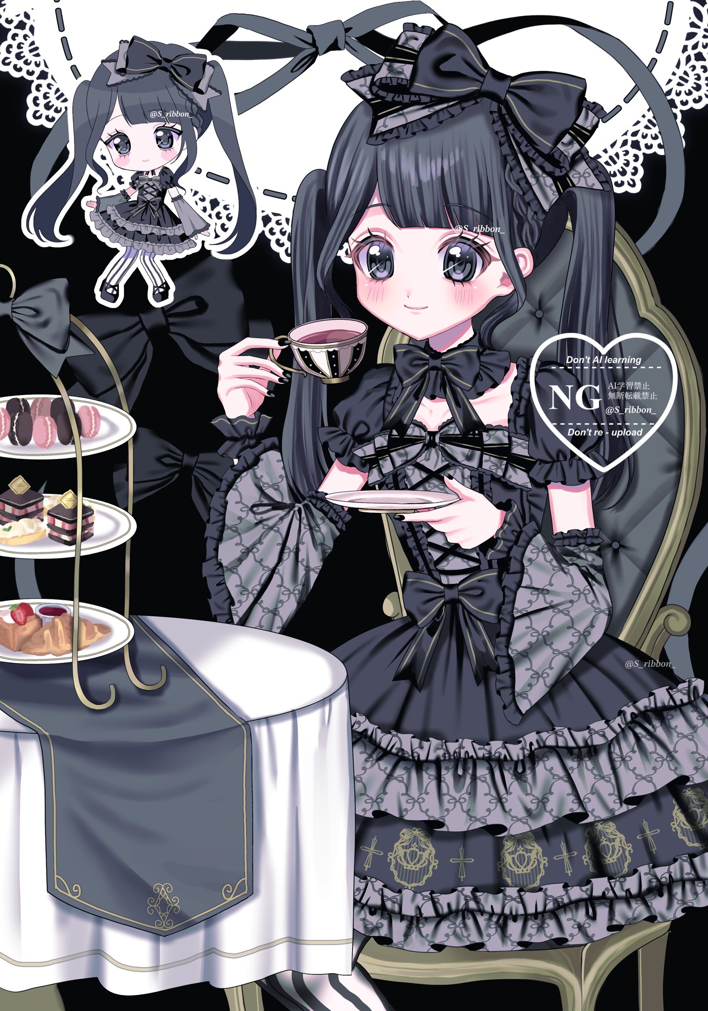 yuni (s ribbon), original, commentary, commission, highres, skeb commission, symbol-only commentary, 1girl, accurate lolita coord, black bow, black dress, black hair, blush, bow, chair, chibi, chibi inset, croissant, cup, detached sleeves, dress, food, frilled dress, frills, gothic lolita, hair bow, holding, holding cup, lace, lolita fashion, lolita print, long hair, long sleeves, macaron, print dress, ribbon, sitting, smile, solo focus, table, teacup, tiered tray, twintails, watermark