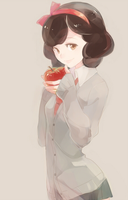 sou (tuhut), snow white (disney), snow white and the seven dwarfs (disney), 1girl, apple, black hair, bow, contemporary, dress, food, fruit, hair bow, holding, holding food, holding fruit, looking at viewer, red bow, school uniform, short hair, smile, solo