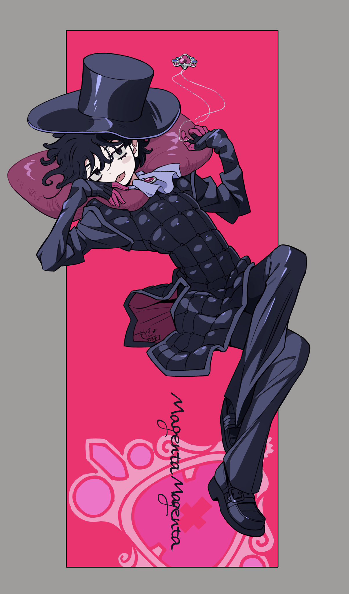 magenta magenta, jojo no kimyou na bouken, steel ball run, highres, 1boy, :p, artist name, ascot, black coat, black eyes, black gloves, black hair, black hat, black pants, black shoes, border, cape, character name, coat, full body, gloves, grey ascot, grey border, hat, karumonn, knees up, loafers, long sleeves, looking at viewer, male focus, multicolored gloves, outside border, pants, pink background, pink gloves, purple background, purple cape, red stone of aja, shoes, short hair, signature, simple background, solo, tongue, tongue out, top hat