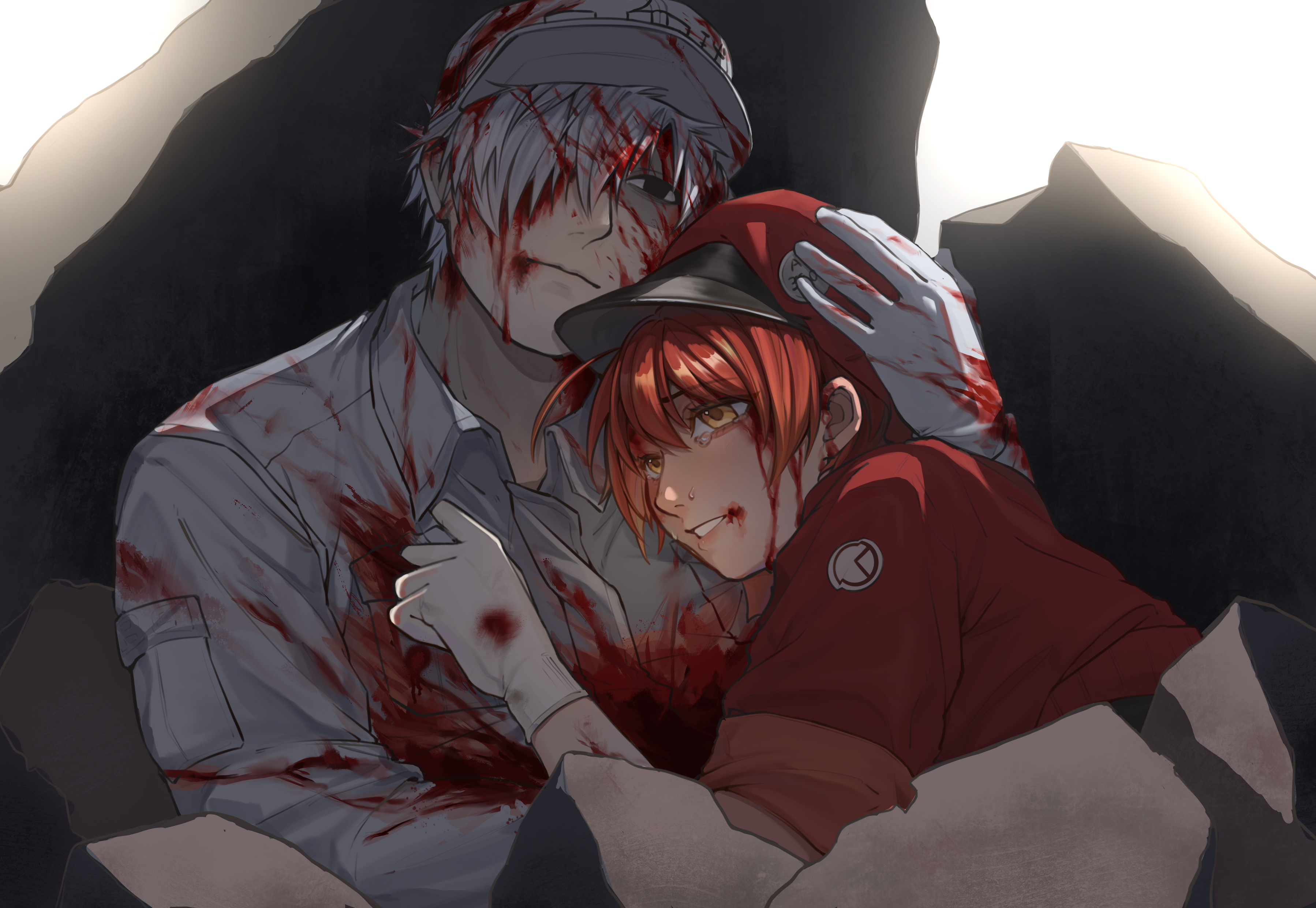 ae-3803, red blood cell (hataraku saibou), u-1146, white blood cell (hataraku saibou), hataraku saibou, absurdres, chinese commentary, commentary, highres, translated, 1boy, 1girl, ahoge, badge, black eyes, bleeding, blood, blood from mouth, blood on clothes, blood on face, blood on gloves, breast pocket, brown eyes, button badge, character name, closed mouth, clothes writing, collared shirt, couple, crying, dress shirt, empty eyes, hair between eyes, hair over one eye, hand on another's chest, hands on another's head, hat, hat ornament, head on chest, hug, injury, jacket, leaning on person, long sleeves, looking afar, newsboy cap, pale skin, parted lips, pocket, raised eyebrows, red hair, red hat, red jacket, rougui (he fengyu), rubble, shaded face, shirt, short-sleeved jacket, short hair, short sleeves, tearing up, very short hair, white background, white hair, white hat, white shirt