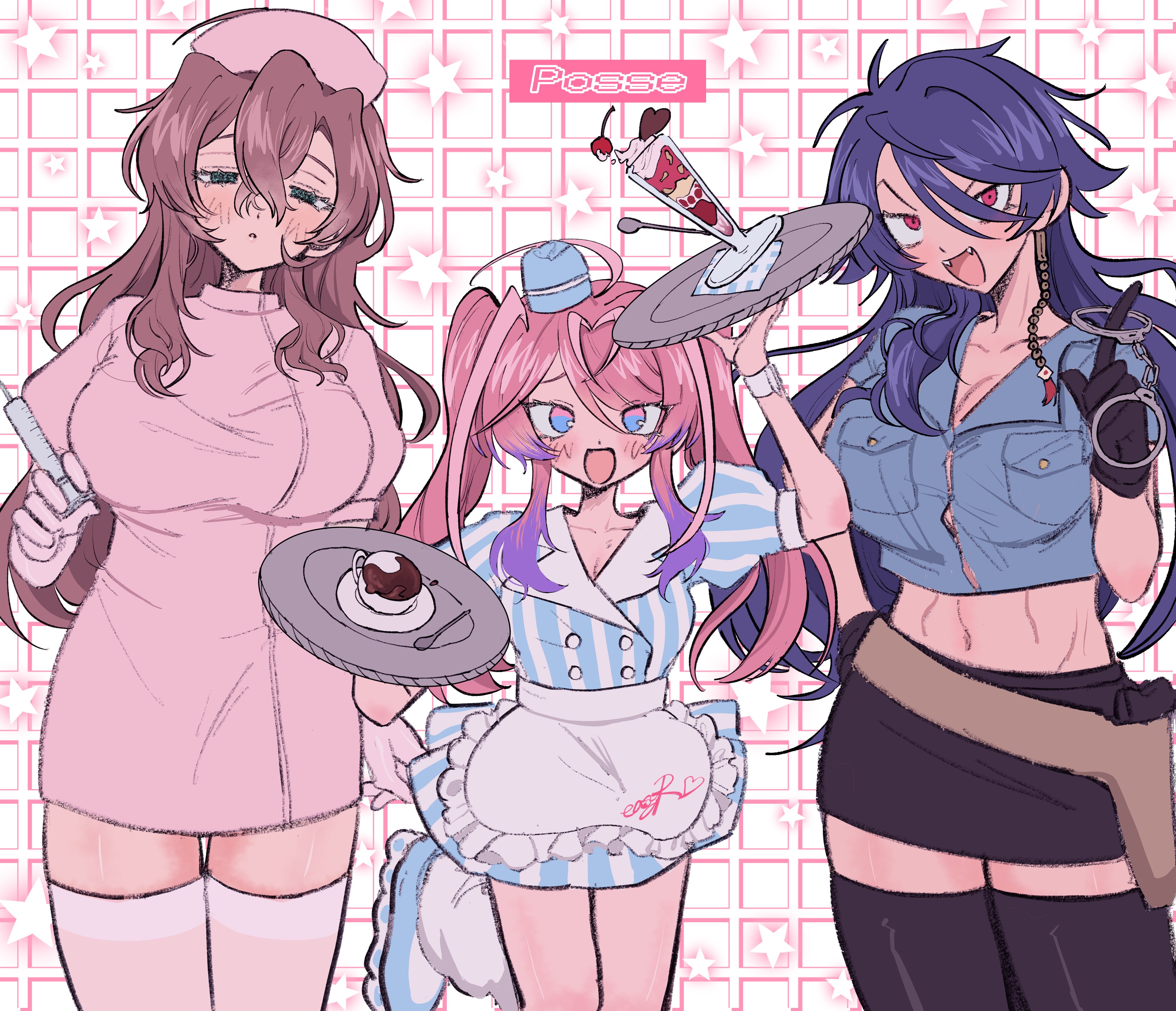 ni (yawarakahonpo), amemura ramuda, arisugawa dice, yumeno gentaro, hypnosis mic, absurdres, highres, 3girls, apron, black gloves, black skirt, black thighhighs, blue eyes, blue hair, blush, breasts, brown hair, cleavage, crop top, cuffs, dress, fling posse, food, genderswap, genderswap (mtf), gloves, green eyes, gun, hair between eyes, handcuffs, hat, holding, holding tray, ice cream, large breasts, long hair, looking at viewer, midriff, multicolored hair, multiple girls, navel, nurse cap, open mouth, parfait, pink dress, pink hair, police, police uniform, policewoman, red eyes, short sleeves, skirt, smile, striped clothes, syringe, thighhighs, tray, twintails, waitress, weapon, white apron, white thighhighs
