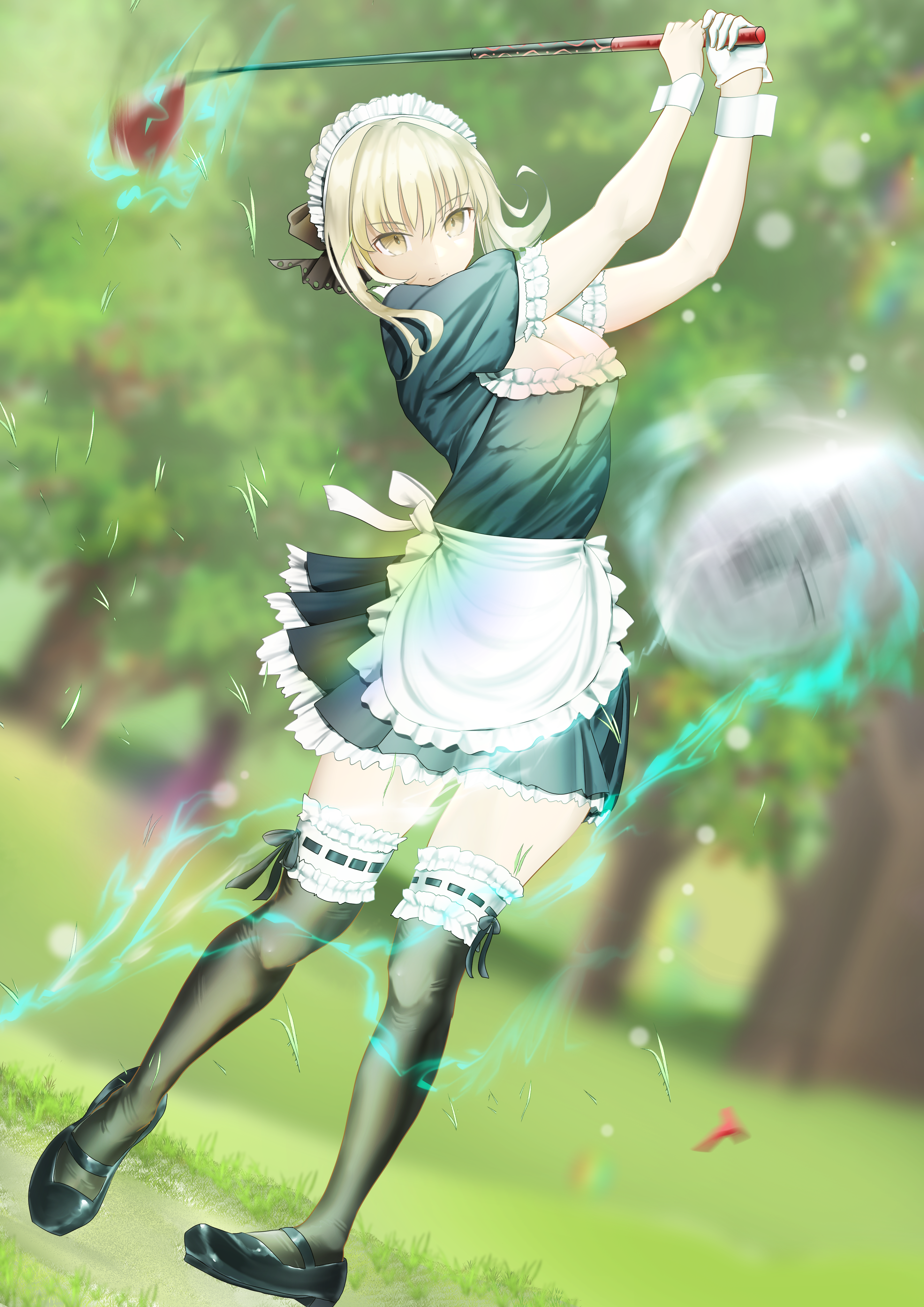 beatrix vivi, artoria pendragon (fate), saber alter, fate/grand order, fate (series), absurdres, highres, 1girl, apron, ball, black dress, black ribbon, black thighhighs, blonde hair, braid, breasts, cleavage, dress, full body, gloves, golf ball, golf club, hair bun, hair ribbon, long hair, looking at viewer, maid, maid headdress, medium breasts, puffy short sleeves, puffy sleeves, ribbon, short sleeves, sidelocks, single glove, solo, thighhighs, waist apron, white apron, white gloves, wrist cuffs, yellow eyes