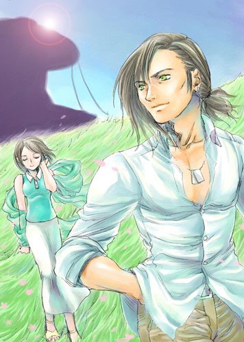 kimagureneko, mana tohno, ellone, ellone loire, laguna loire, final fantasy, final fantasy viii, lowres, 1990s (style), 1boy, 1girl, brown hair, closed eyes, day, dog tags, field, green eyes, hand in pocket, jewelry, lens flare, necklace, petals, skirt, sky, smile, wind