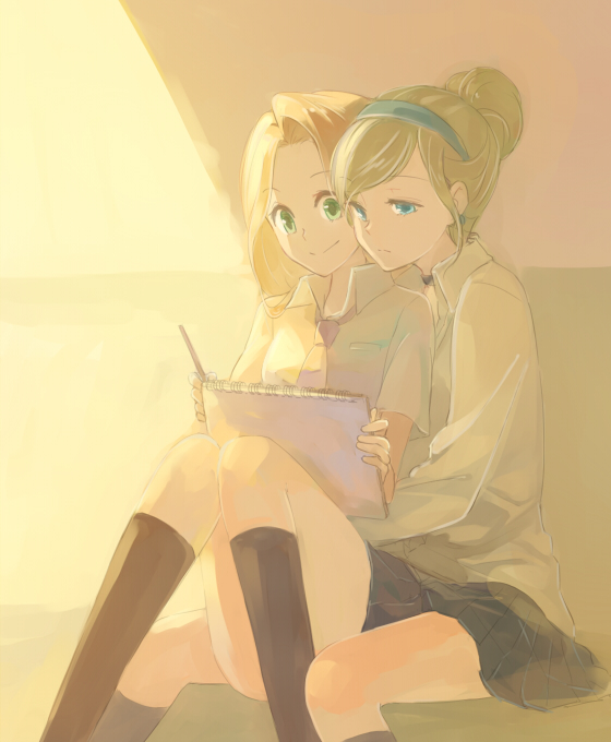 sou (tuhut), cinderella (disney character), rapunzel (disney), cinderella (disney movie), disney princess, tangled, 2girls, blonde hair, blue eyes, choker, green eyes, hair bun, hairband, long hair, looking at viewer, multiple girls, short hair, smile, very long hair