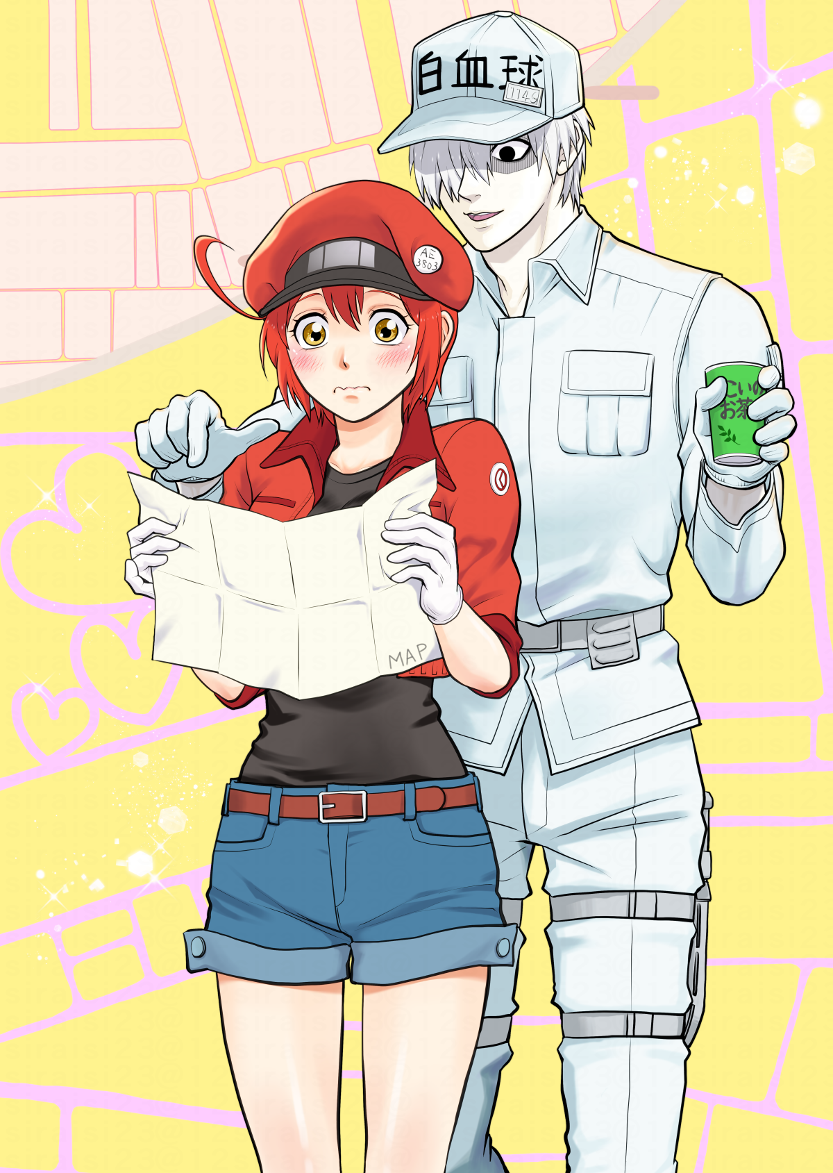 ae-3803, red blood cell (hataraku saibou), u-1146, white blood cell (hataraku saibou), hataraku saibou, check translation, commentary, highres, translation request, 12siraisi23, 1boy, 1girl, ahoge, badge, baseball cap, belt, belt buckle, black eyes, black shirt, blue shorts, blush, breast pocket, brown belt, brown eyes, buckle, button badge, character name, closed mouth, clothes writing, collared shirt, combat knife, confused, cropped jacket, cup, denim, denim shorts, disposable cup, dress shirt, drink, empty eyes, eyelashes, front-to-back, frown, gloves, hair between eyes, hair over one eye, hat, hat ornament, heart, height difference, holding, holding cup, holding drink, holding map, jacket, knife, light particles, light smile, long sleeves, looking at object, map, newsboy cap, open clothes, open jacket, pale skin, pants, parted lips, pink background, pocket, pointing, pointing at object, red hair, red hat, red jacket, shaded face, shirt, short hair, short sleeves, shorts, smile, sparkle, standing, t-shirt, thigh sheath, thigh strap, very short hair, wavy mouth, weapon, white belt, white gloves, white hair, white hat, white pants, white shirt, white straps, yellow background
