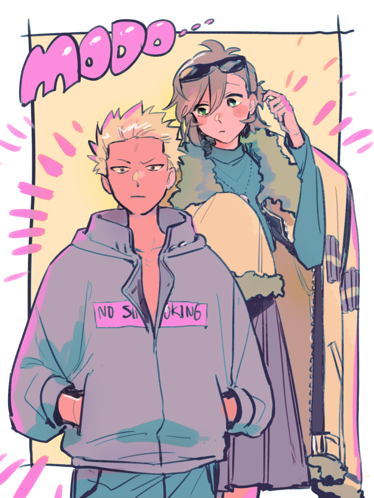 kabane (rjev8385), smoker (one piece), one piece, original, commentary request, highres, 1boy, 1girl, aged down, asymmetrical hair, blonde hair, blush, border, closed mouth, clothes writing, coat, collarbone, cowboy shot, eyewear on head, fur-trimmed jacket, fur trim, green eyes, green shirt, grey eyes, grey jacket, grey skirt, hair between eyes, hands in pockets, jacket, jewelry, jitome, long sleeves, looking at another, looking at viewer, necklace, notice lines, oc x canon, pleated skirt, shirt, short hair, single sleeve past fingers, skirt, standing, sunglasses, turtleneck, turtleneck shirt, white border, yellow background, yellow coat, zipper
