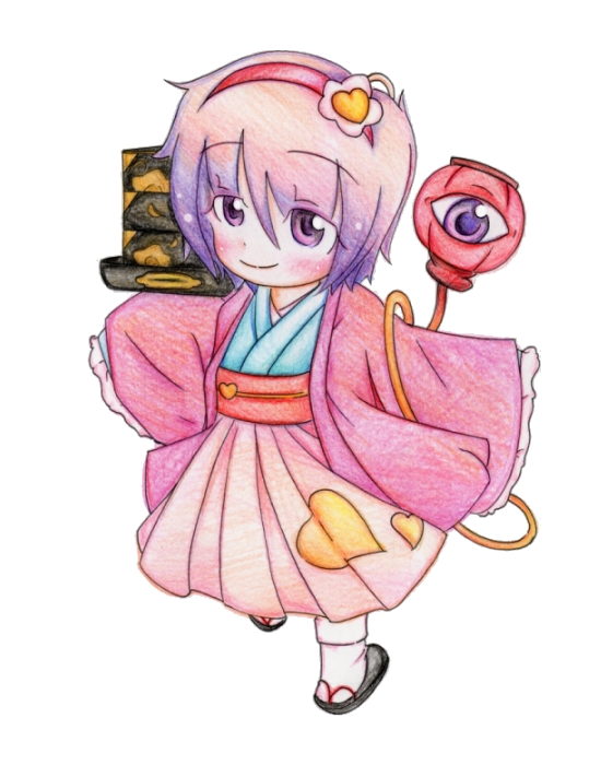 kouen kurosuke, takato kurosuke, komeiji satori, touhou, bad id, bad pixiv id, 1girl, chibi, female focus, hairband, heart, japanese clothes, kimono, purple eyes, purple hair, short hair, solo