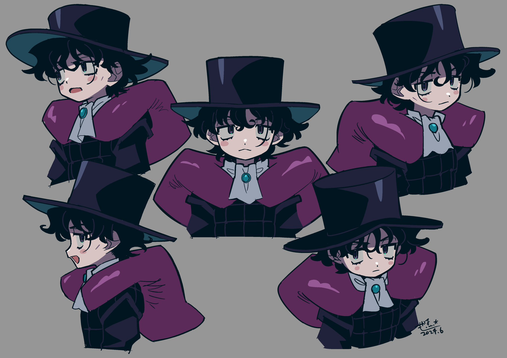 magenta magenta, jojo no kimyou na bouken, steel ball run, highres, 1boy, :<, :d, artist name, ascot, black coat, black eyes, black hair, black hat, blush stickers, cape, closed mouth, coat, frown, grey ascot, grey background, hat, karumonn, looking at viewer, looking to the side, male focus, multiple expressions, multiple views, open mouth, purple cape, short hair, signature, simple background, smile, top hat, upper body
