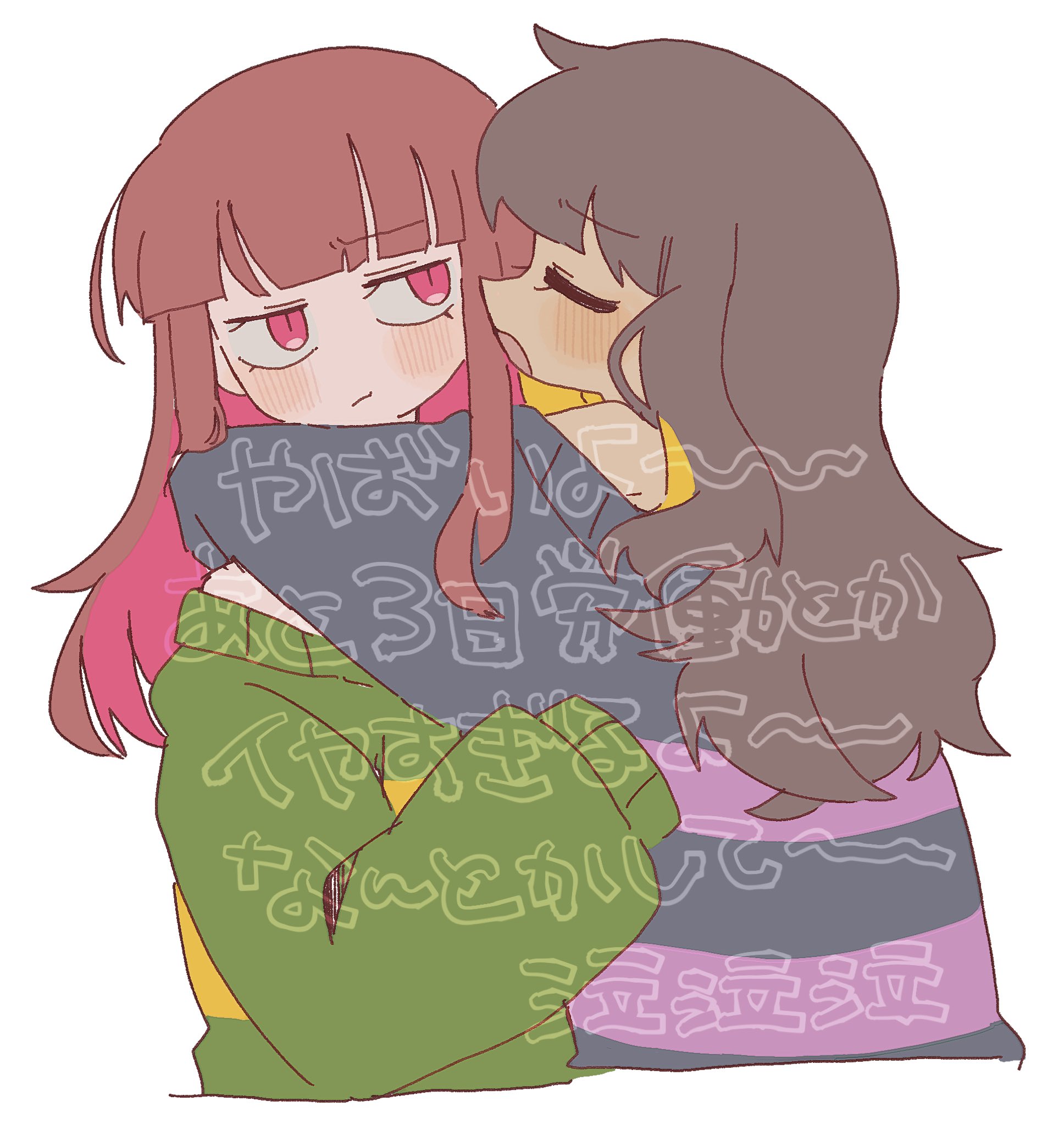 mr0x0, chara (undertale), frisk (undertale), undertale, utdr (toby fox), highres, 2girls, :t, blonde hair, blue sweater, blush, brown hair, closed eyes, genderswap, genderswap (otf), green sweater, hug, long hair, multicolored hair, multiple girls, off-shoulder sweater, off shoulder, open mouth, red hair, simple background, striped clothes, striped sweater, sweater, too many watermarks, two-tone hair, two-tone sweater, u u, watermark, white background, yuri