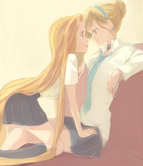 sou (tuhut), cinderella (disney character), rapunzel (disney), cinderella (disney movie), disney princess, tangled, 2girls, blonde hair, blue eyes, choker, green eyes, hair bun, hairband, long hair, looking at viewer, multiple girls, short hair, smile, very long hair