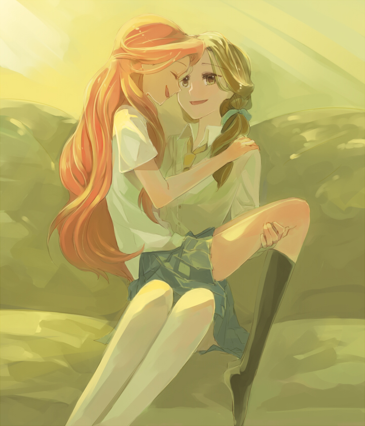 sou (tuhut), ariel (disney), belle (disney), beauty and the beast (disney), disney, disney princess, the little mermaid (disney), 2girls, brown hair, long hair, looking at viewer, multiple girls, pleated skirt, red hair, sailor collar, school uniform, serafuku, shirt, skirt, smile