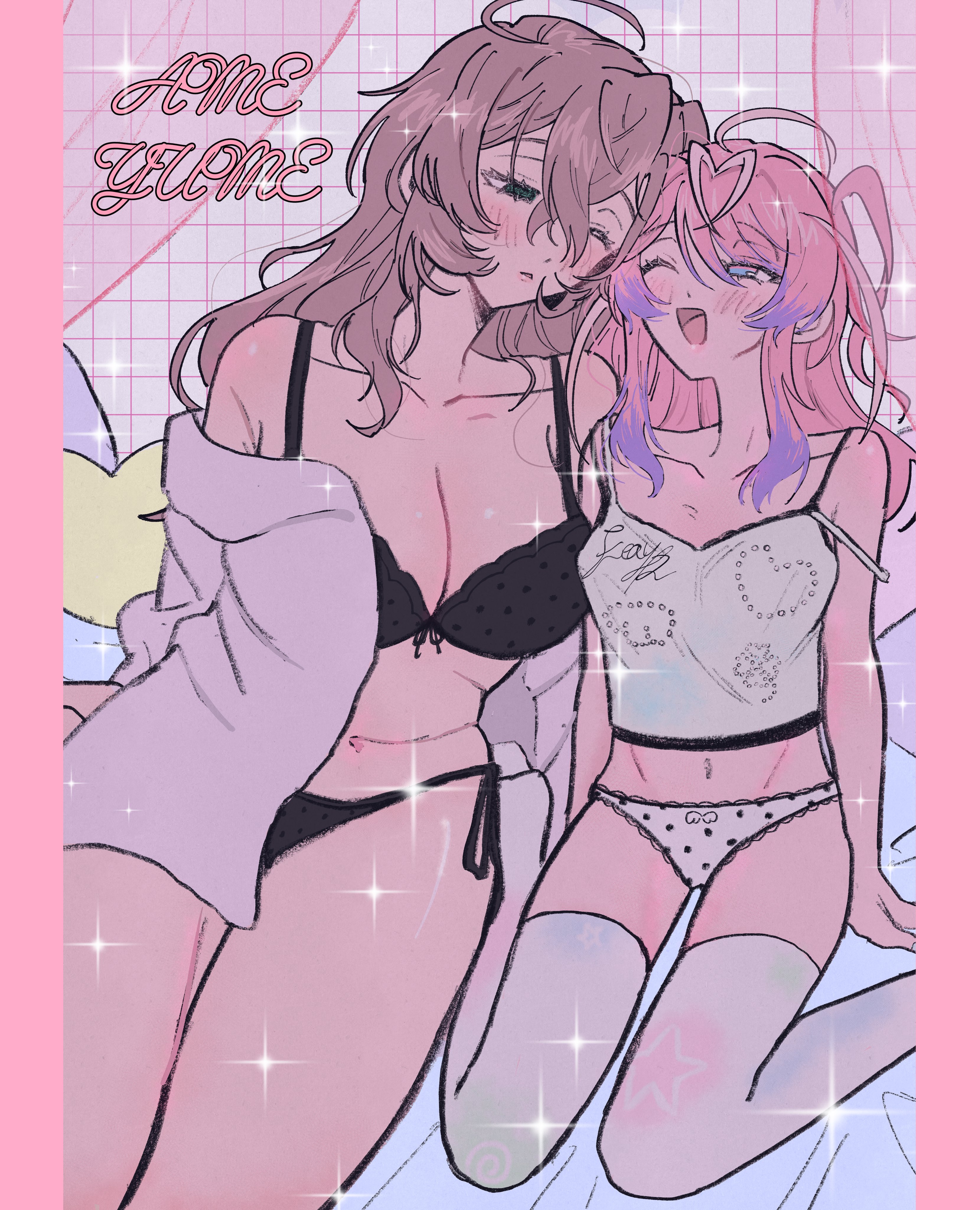 ni (yawarakahonpo), amemura ramuda, yumeno gentaro, hypnosis mic, absurdres, highres, 2girls, antenna hair, black bra, black panties, blue eyes, blue hair, blush, border, bra, breasts, brown hair, camisole, cleavage, curvy, genderswap, genderswap (mtf), gradient hair, heart, jacket, jacket partially removed, large breasts, long hair, looking at another, multicolored hair, multiple girls, navel, one eye closed, open mouth, panties, pink border, pink hair, plump, shirt, side-tie panties, sitting, smile, sparkle, thighhighs, underwear, wariza, white panties, white shirt, white thighhighs, yuri