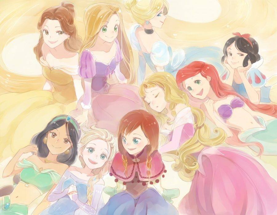 sou (tuhut), anna (frozen), ariel (disney), aurora (disney), belle (disney), cinderella (disney character), elsa (frozen), jasmine (disney), rapunzel (disney), snow white (disney), aladdin (movie), beauty and the beast (disney), cinderella (disney movie), disney princess, frozen (disney), sleeping beauty (disney), snow white and the seven dwarfs (disney), tangled, the little mermaid (disney), 6+girls, black hair, blonde hair, bow, brown hair, dress, hair ornament, looking at viewer, multiple girls, open mouth, puffy sleeves, short hair