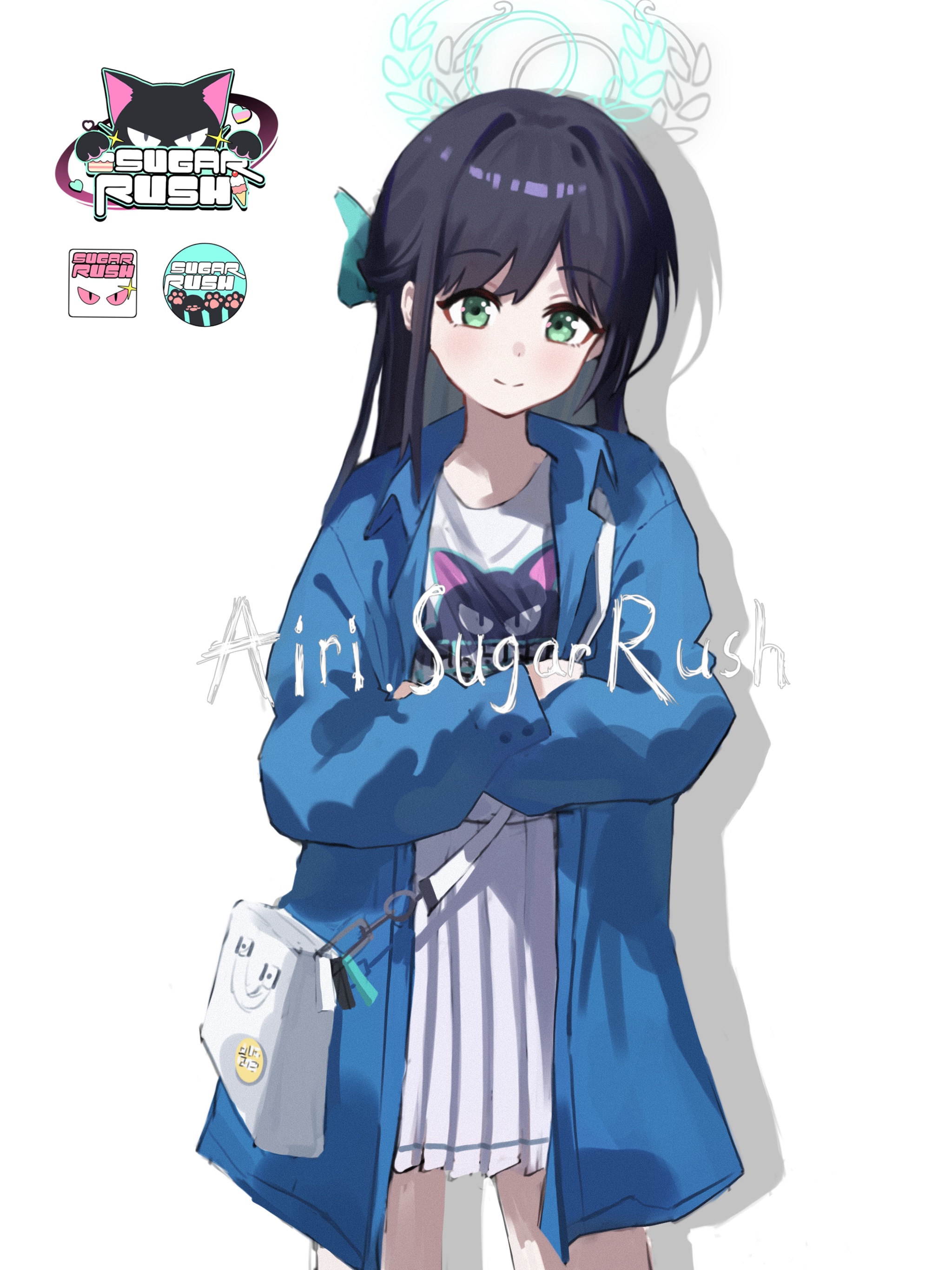 xiaoxiaoyifan, airi (band) (blue archive), airi (blue archive), blue archive, absurdres, highres, 1girl, alternate hair color, animal print, black hair, blue jacket, blush, bow, cat print, character name, closed mouth, cowboy shot, crossed arms, drop shadow, english text, green bow, green eyes, green halo, hair bow, hair intakes, half updo, halo, jacket, long hair, long sleeves, looking at viewer, medium skirt, official alternate costume, official alternate hairstyle, open clothes, open jacket, pleated skirt, print shirt, shirt, skirt, smile, solo, split mouth, straight hair, white shirt, white skirt