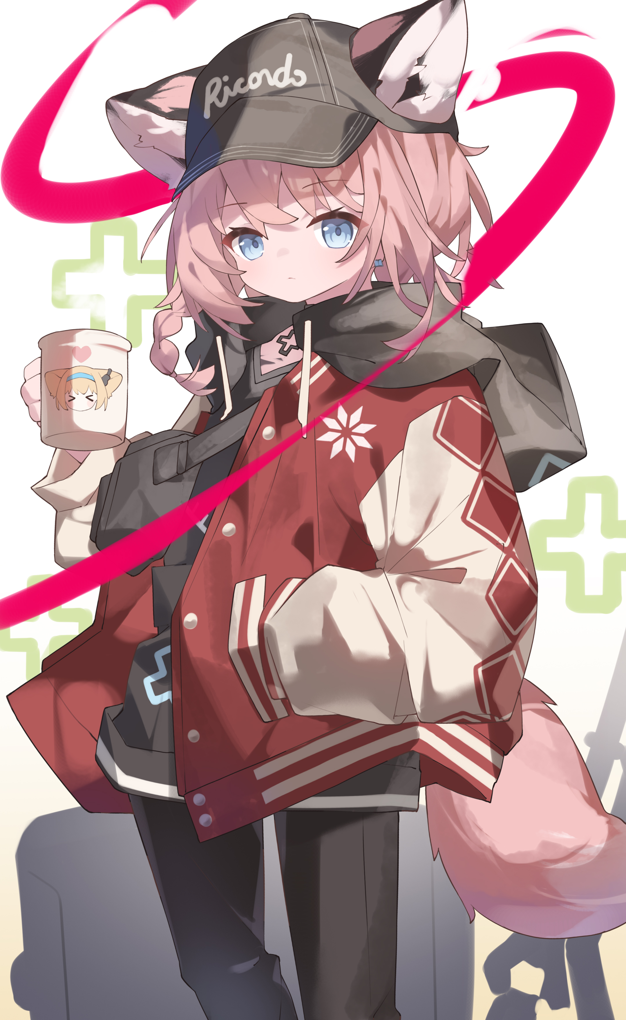 vanishedstar, sussurro (arknights), sussurro (travel freely) (arknights), suzuran (arknights), arknights, absurdres, highres, 1girl, animal ear fluff, animal ears, baseball cap, black pants, blue eyes, blue hairband, closed mouth, cup, earpiece, ears through headwear, fox ears, fox girl, fox tail, hairband, hand in pocket, hat, heart, holding, holding cup, jacket, long sleeves, official alternate costume, pants, red jacket, short hair, solo, tail