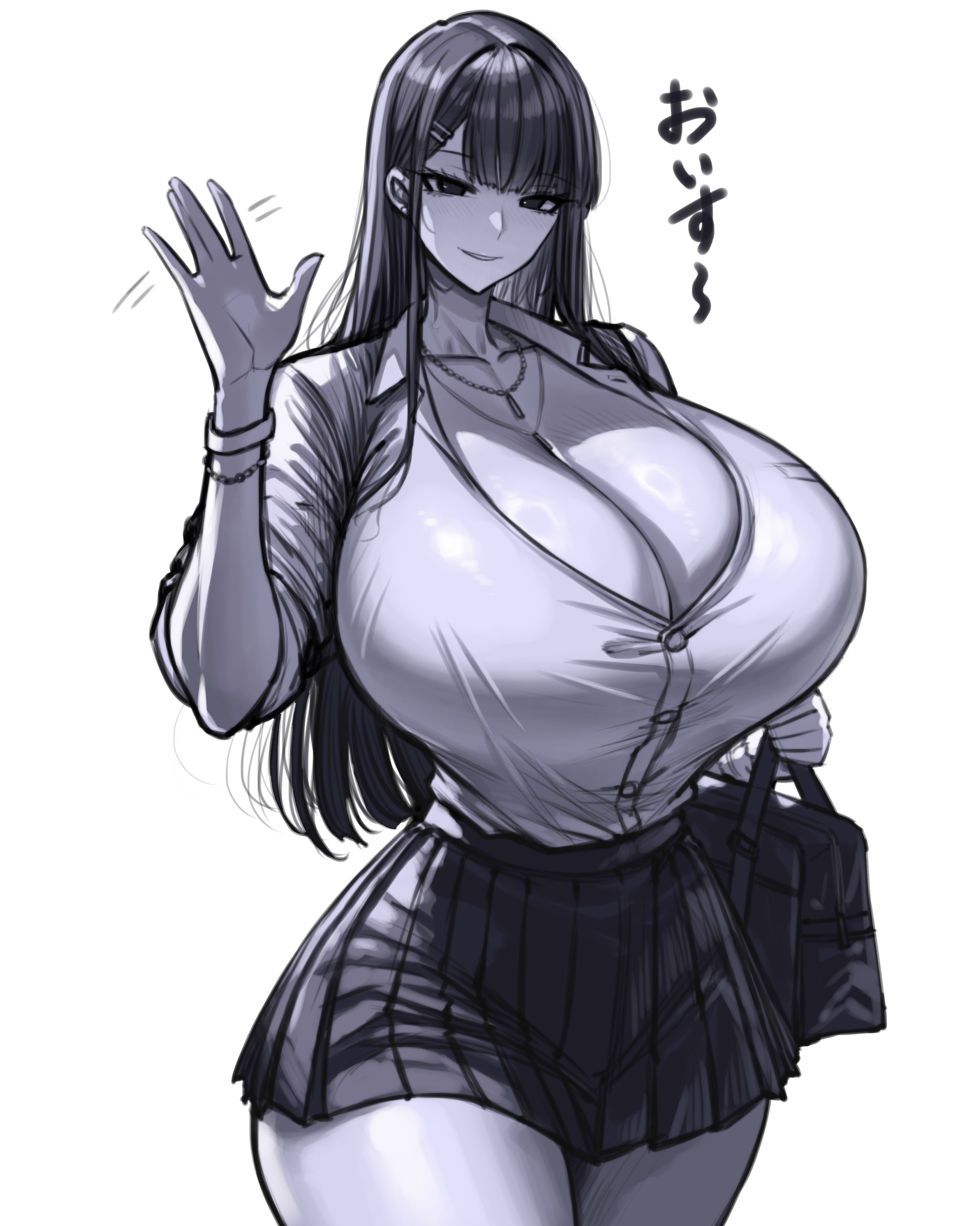 wolffeld price, original, absurdres, highres, 1girl, bag, breasts, cleavage, eyebrows hidden by hair, hair ornament, hairclip, huge breasts, katsuragi mika, long hair, motion lines, open mouth, purple theme, school bag, school uniform, shirt, simple background, skirt, smile, solo, waving, white background