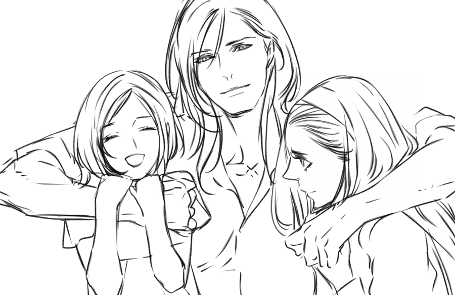 npn, ellone, ellone loire, laguna loire, raine loire, final fantasy, final fantasy vii, final fantasy viii, bad id, bad pixiv id, 1990s (style), 2girls, arm around neck, arm on another's shoulder, armwrap, closed eyes, family, greyscale, headband, hug, long hair, monochrome, multiple girls, open mouth, smile