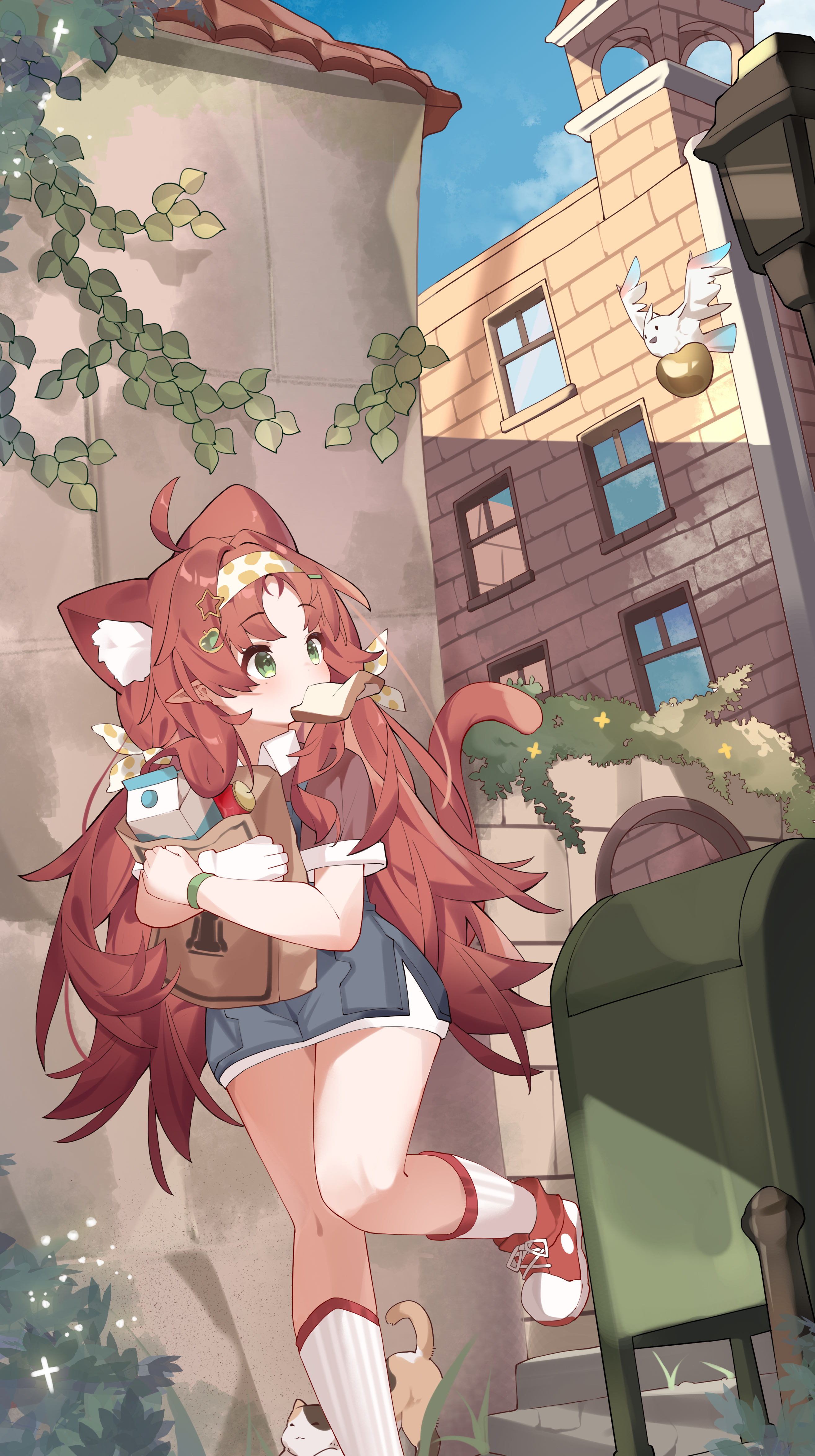 vanishedstar, myrtle (arknights), arknights, absurdres, highres, 1girl, ahoge, animal ear fluff, animal ears, bag, blue skirt, bread, bread slice, cat ears, cat girl, cat tail, denim, denim skirt, food, green eyes, kemonomimi mode, long hair, messy hair, milk carton, miniskirt, mouth hold, outdoors, paper bag, pointy ears, red hair, red shoes, running, shoes, short sleeves, skirt, socks, solo, tail, white socks