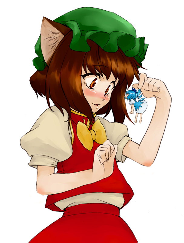 hatakenaka, chen, cirno, touhou, 2girls, animal ears, barefoot, blue hair, brown eyes, brown hair, cat ears, cat girl, fairy, female focus, hat, mini person, minigirl, multiple girls, short hair, wings